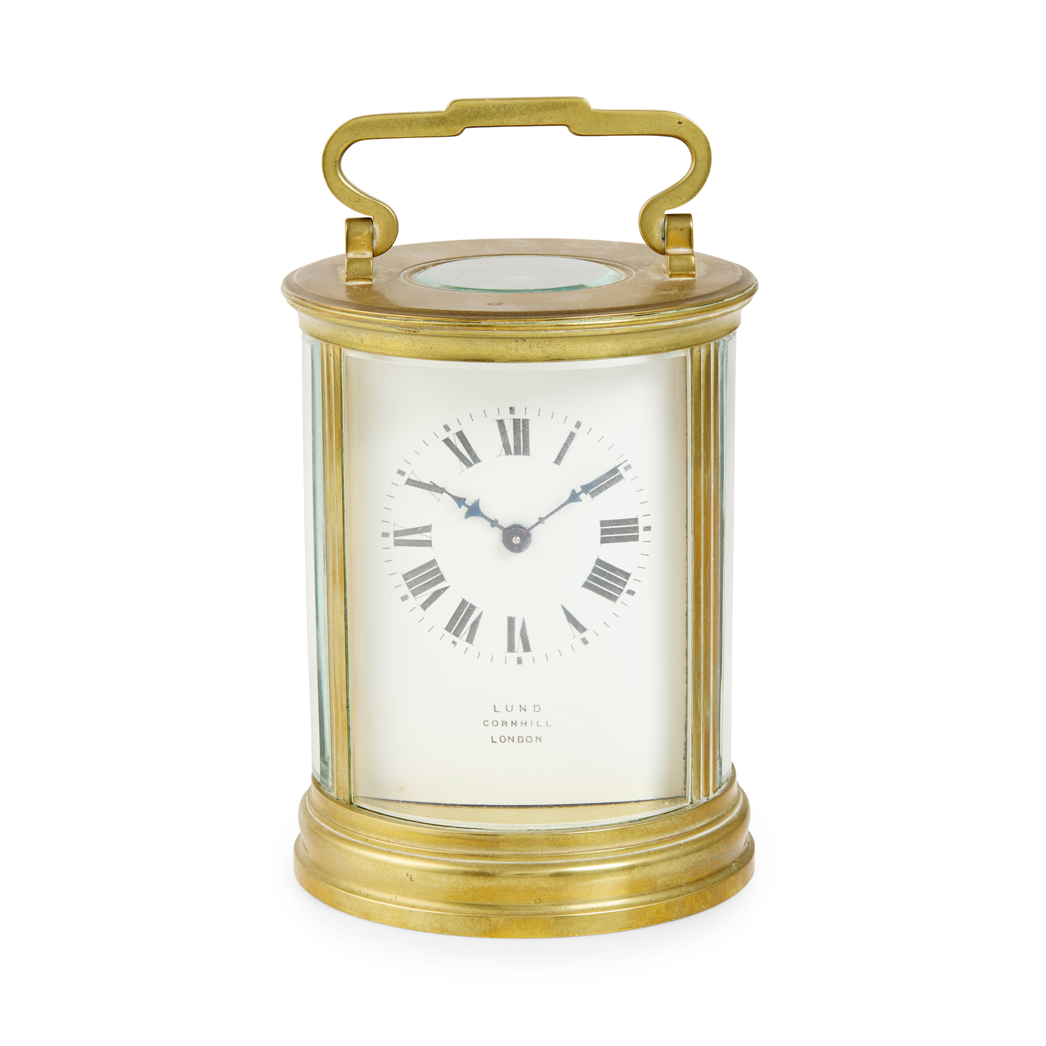 FRENCH BRASS OVAL CARRIAGE CLOCK, RETAILED BY LUND, CORNHILL, LONDON
