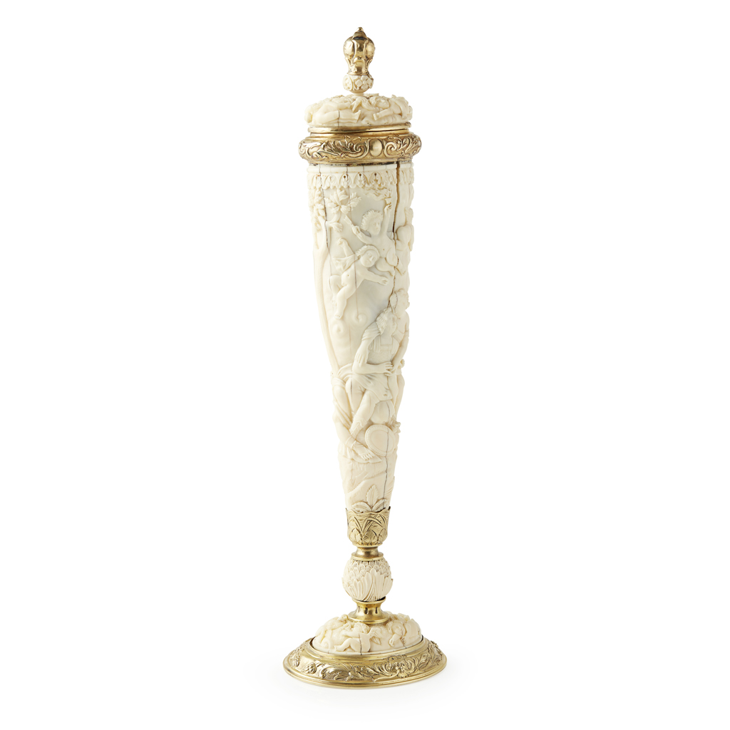 AUSTRIAN SILVER-GILT MOUNTED IVORY CUP AND COVER