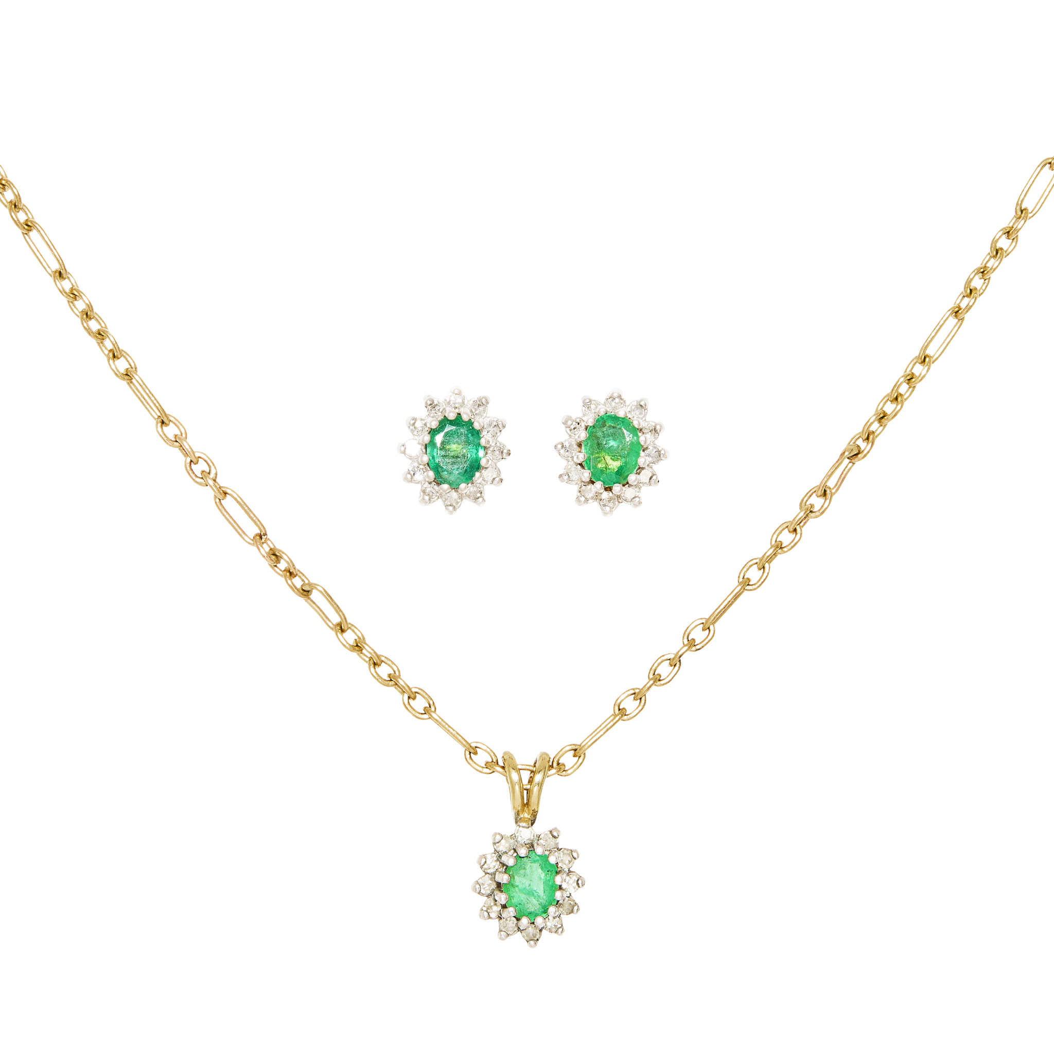 An emerald and diamond pendant and matching earrings
