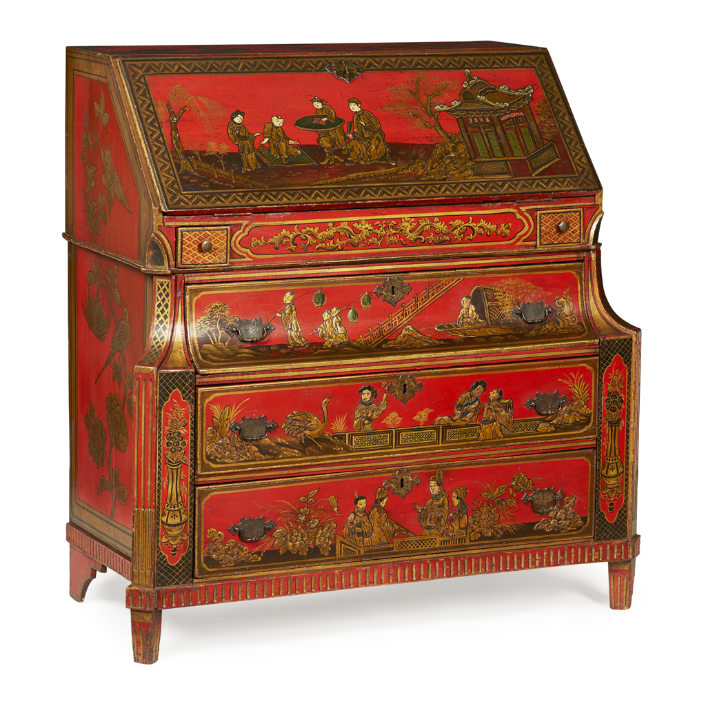 GEORGE III RED JAPANNED AND GILT BUREAU