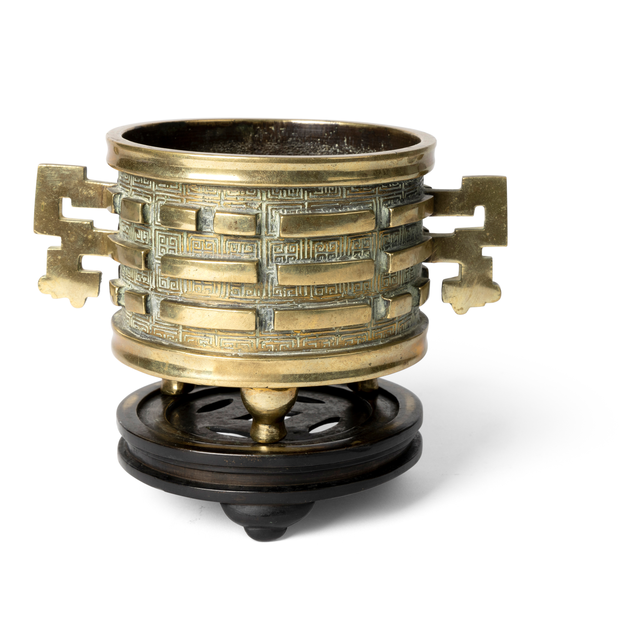 CHINESE BRONZE 'EIGHT TRIGRAMS' TRIPOD CENSER WITH BRONZE STAND