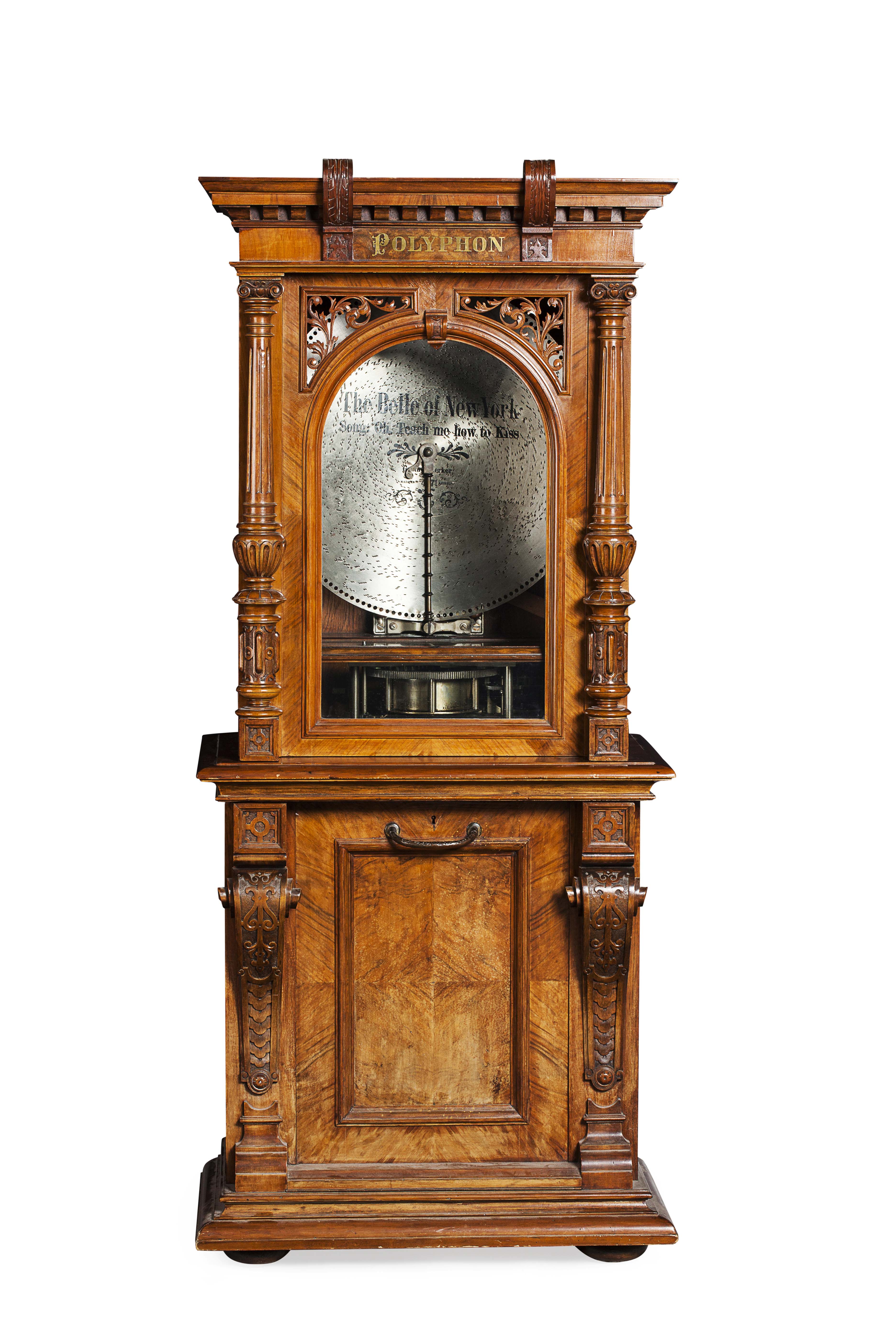 POLYPHON UPRIGHT MUSIC BOX AND DISCS