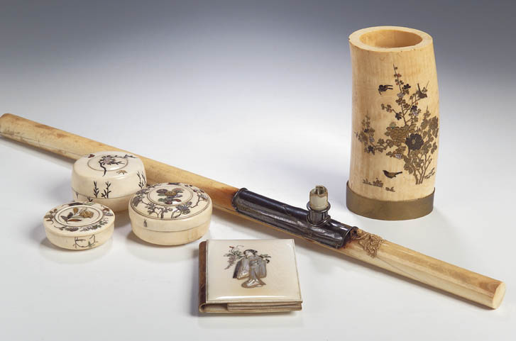 A circular Japanese ivory Shibyama decorated box and cover,