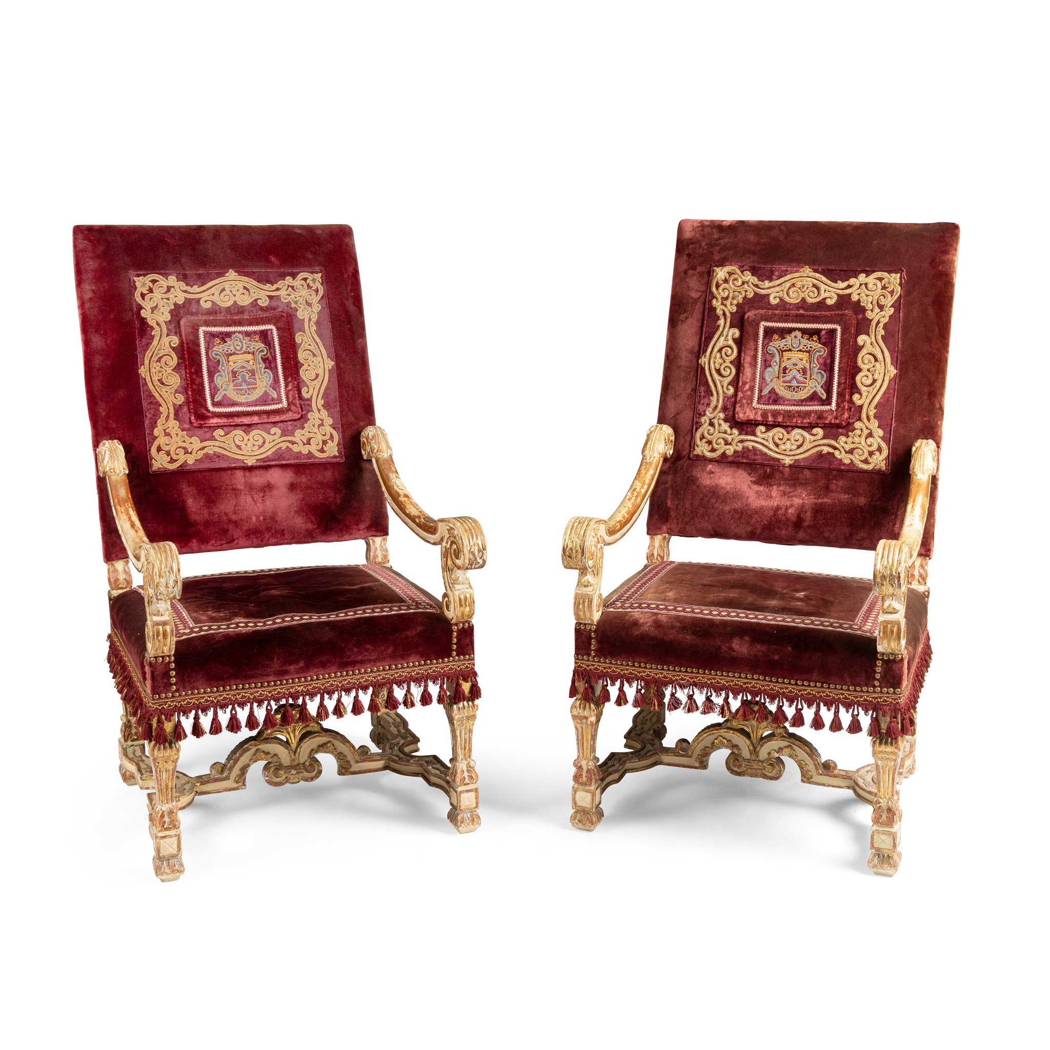 A PAIR OF FRENCH PAINTED AND GILT DECORATED VELET UPHOLSTERED ARMCHAIRS