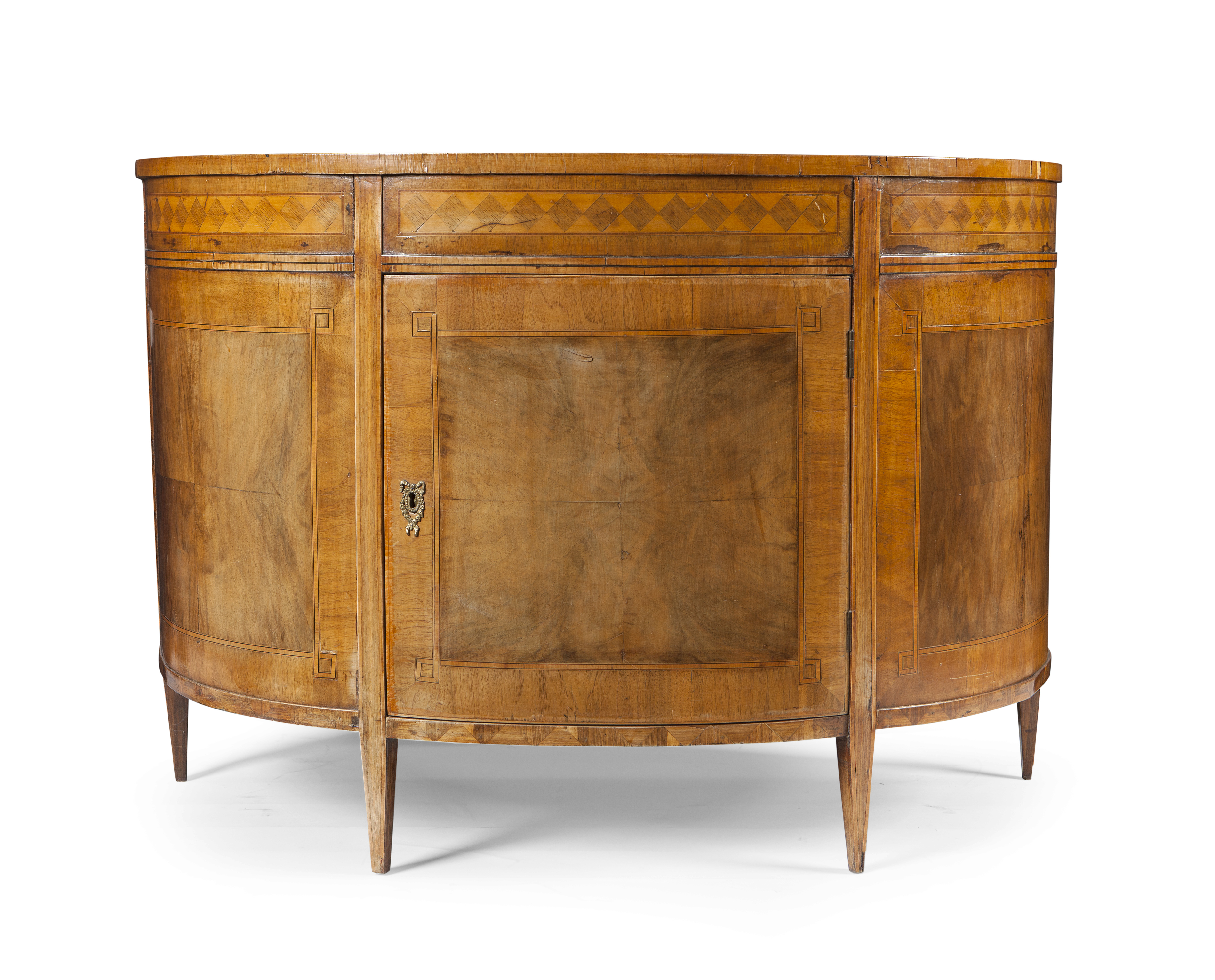 GEORGE III STYLE MAHOGANY AND INLAID DEMI LUNE COMMODE