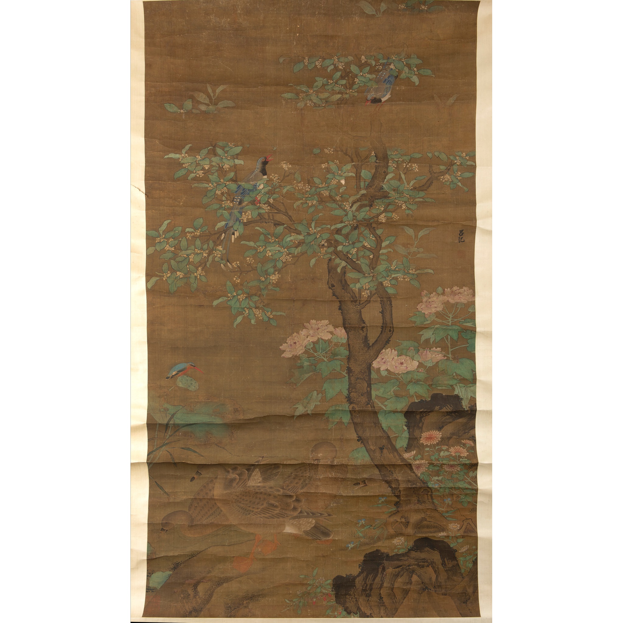 INK SCROLL PAINTING OF FLOWER AND WATERFOWLS