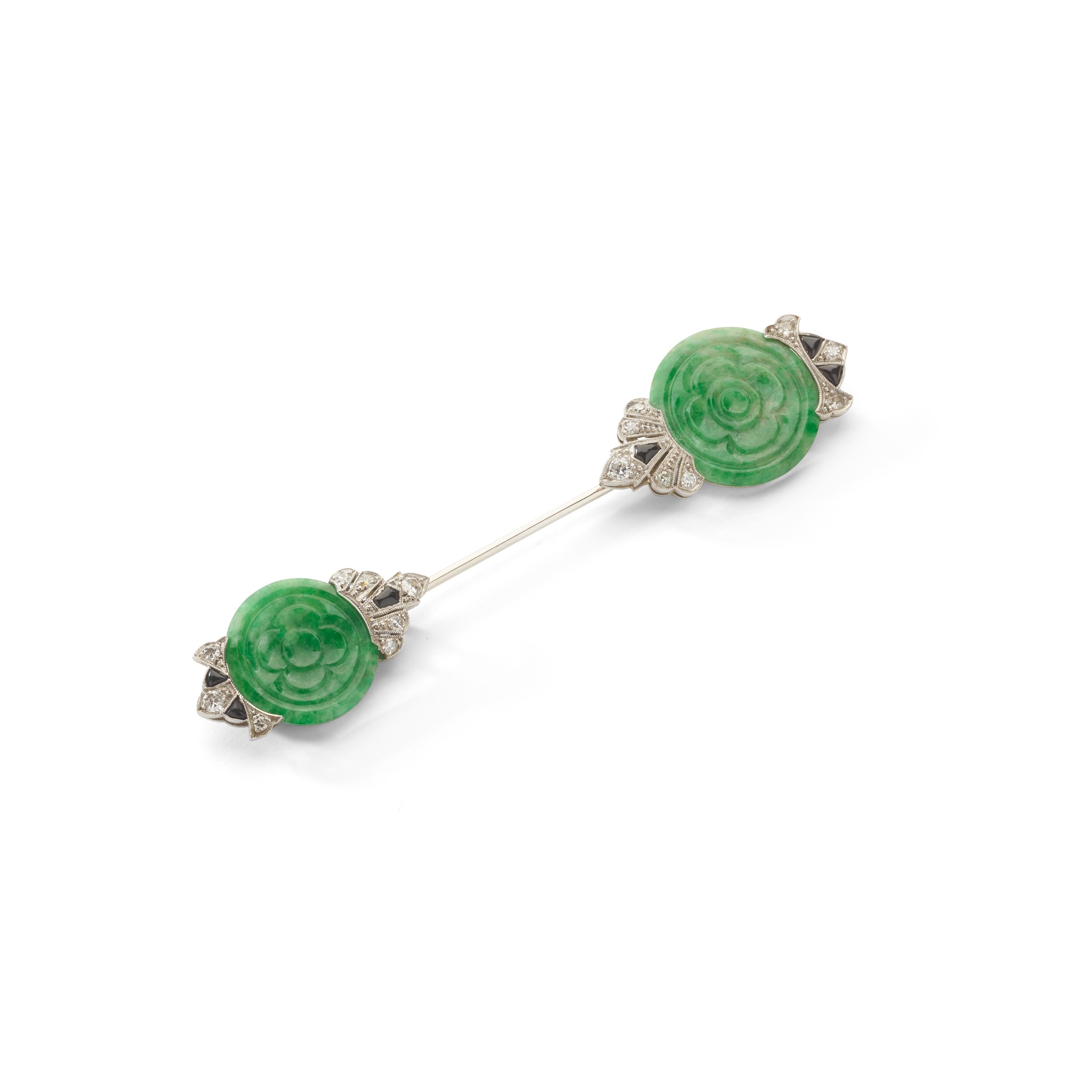An Art Deco jade, diamond and onyx jabot pin, circa 1925