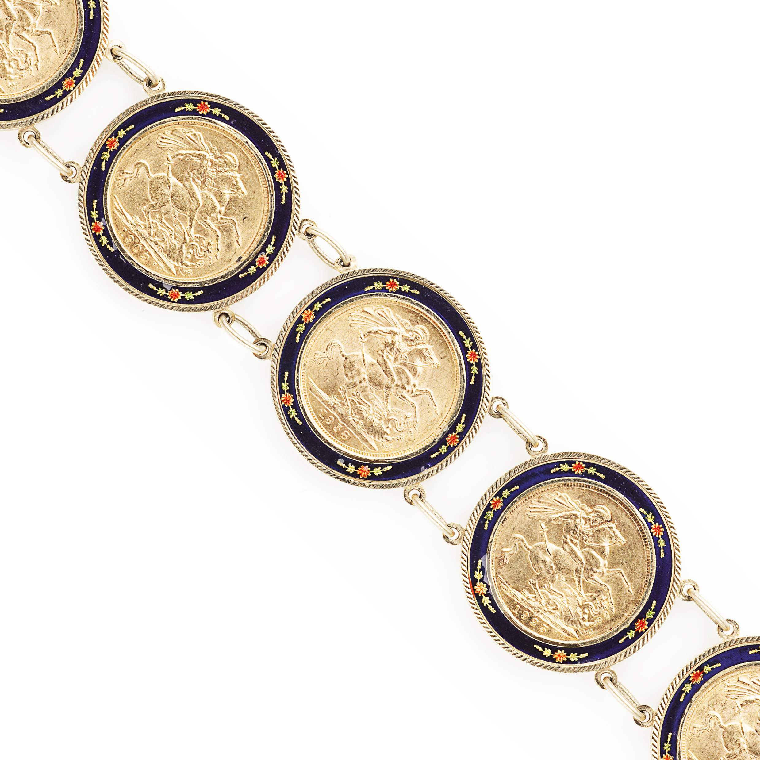 A 9ct gold enamel and coin set bracelet