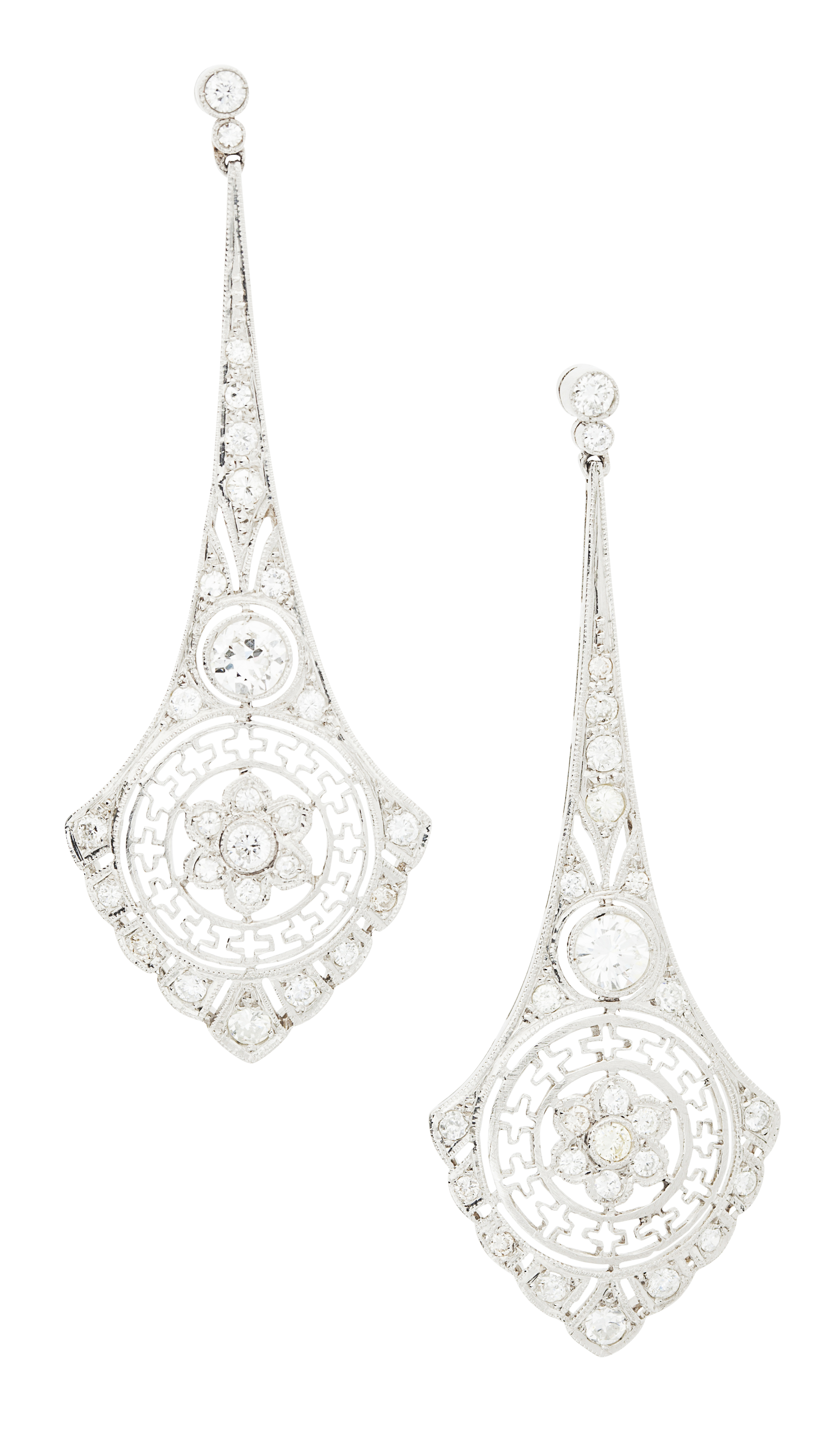 A pair of diamond set pendant earrings