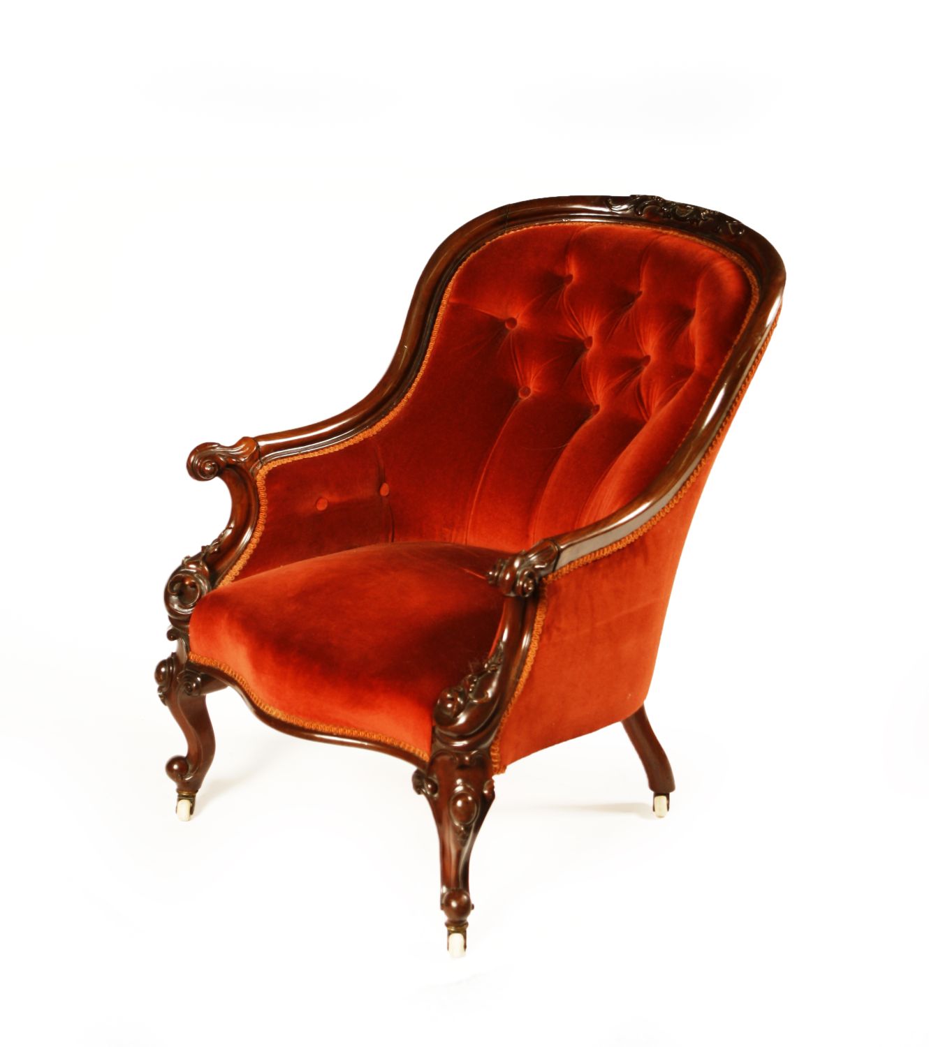 VICTORIAN MAHOGANY FRAMED UPHOLSTERED ARMCHAIR