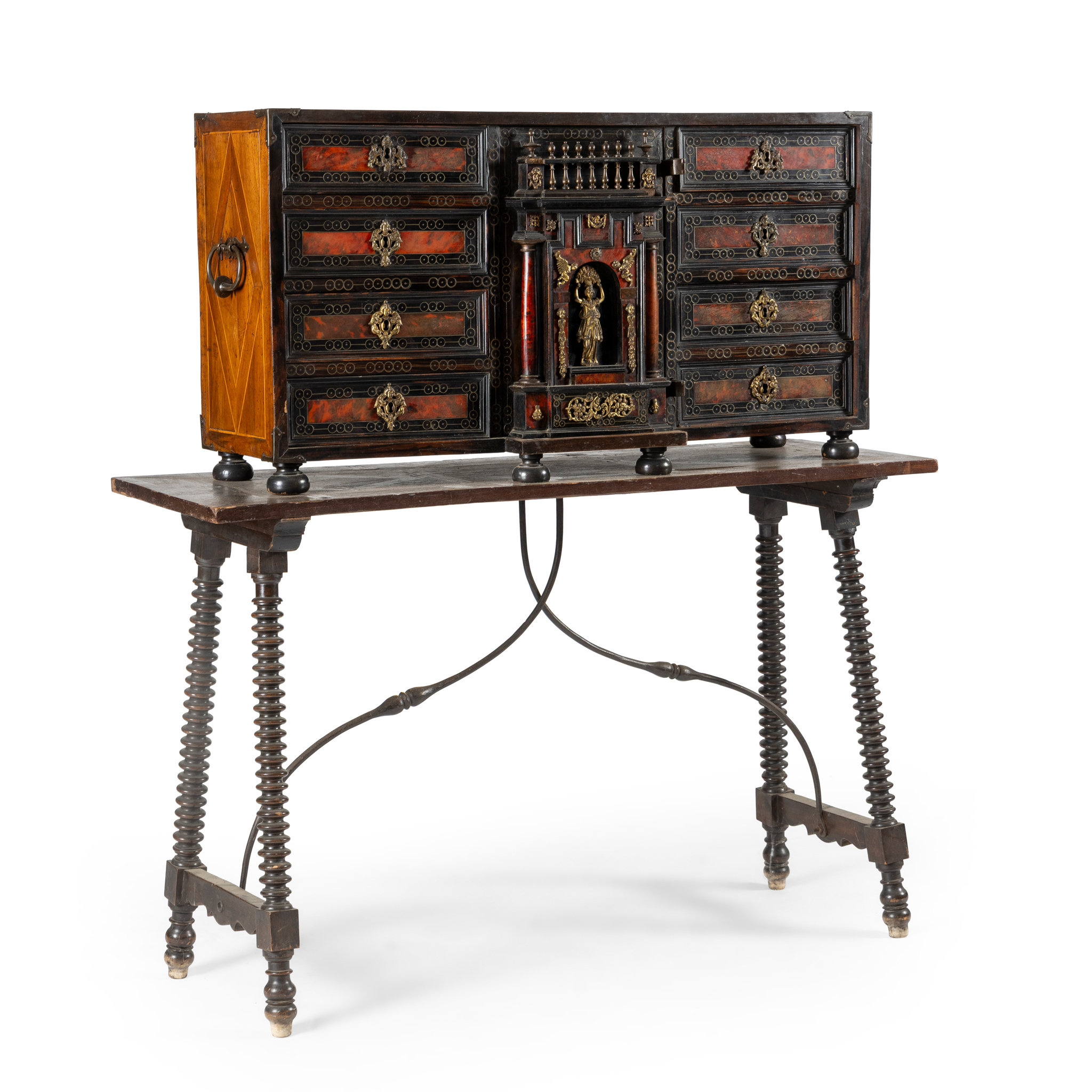 AN ITALIAN WALNUT, GILT METAL AND TORTOISESHELL INLAID BREAKFRONT TABLE CABINET