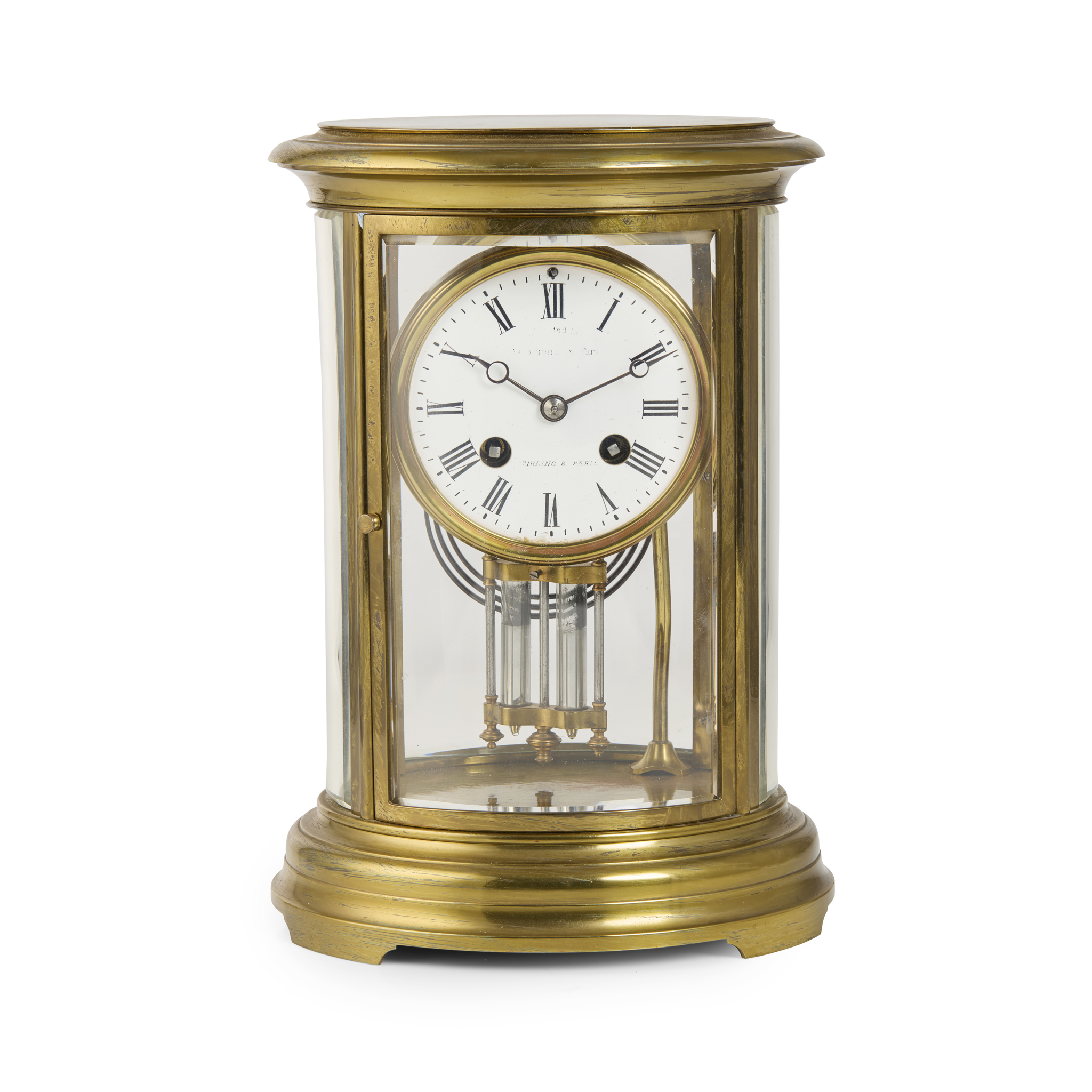 FRENCH BRASS OVAL FOUR GLASS MANTEL CLOCK