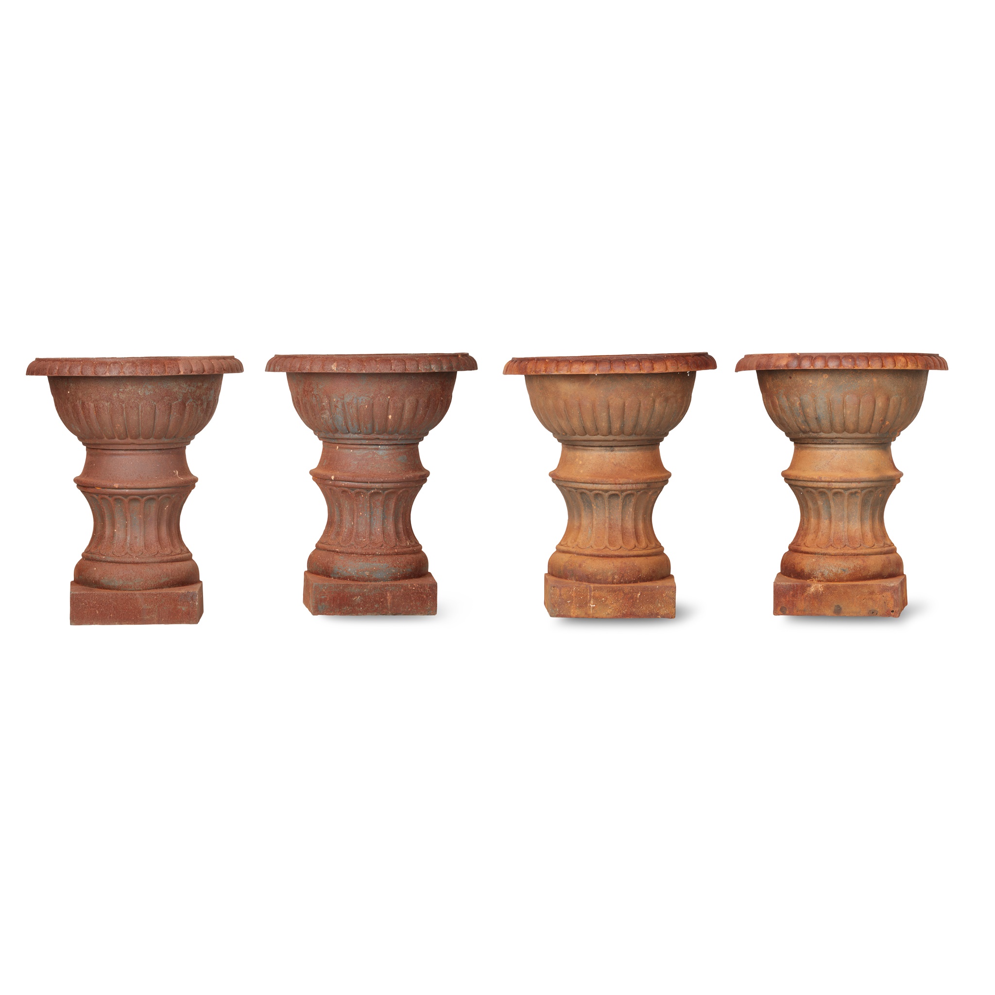 SET OF FOUR LARGE CAST IRON DEMI-URN PLANTERS