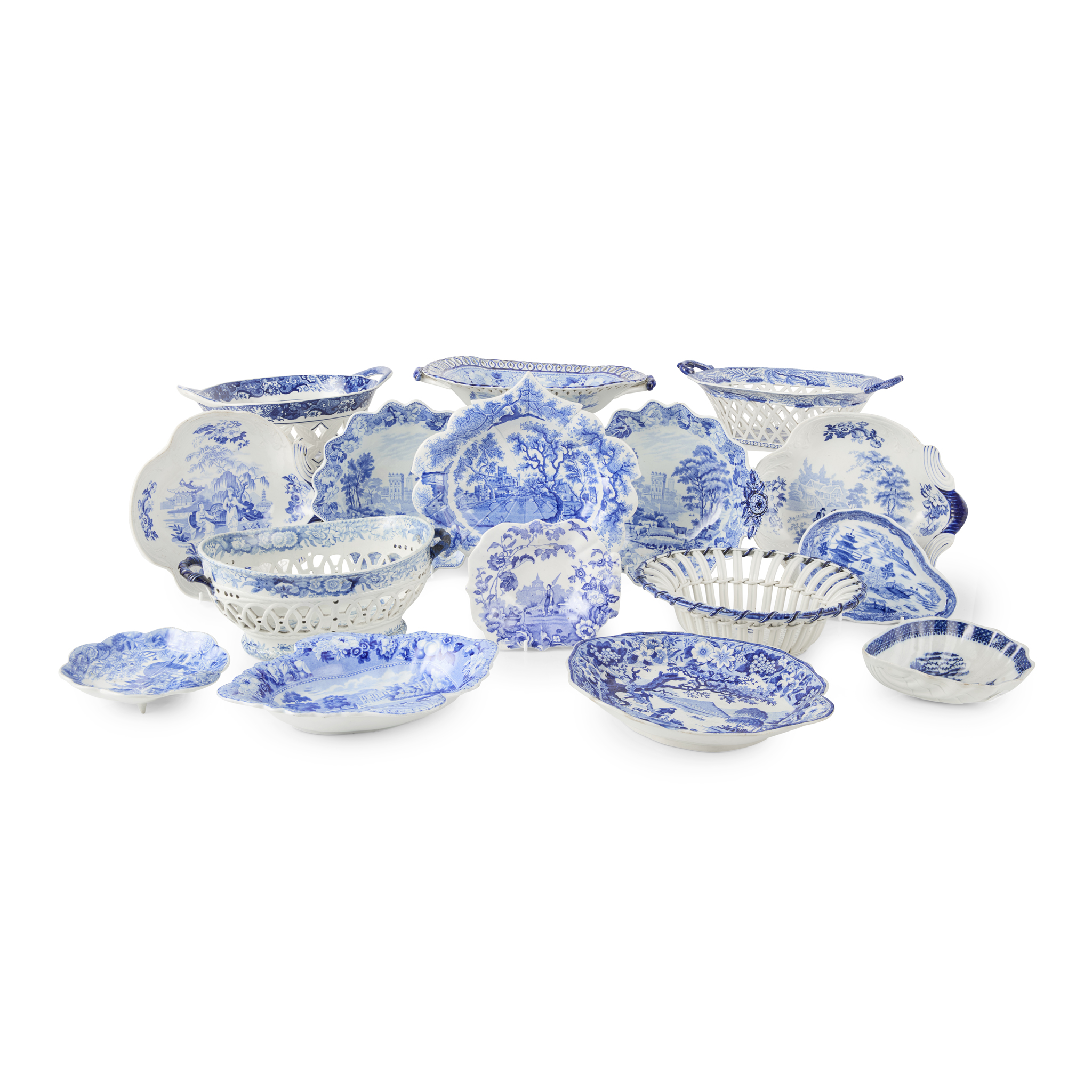 COLLECTION OF BLUE AND WHITE TRANSFER PRINTED BASKETS AND DISHES