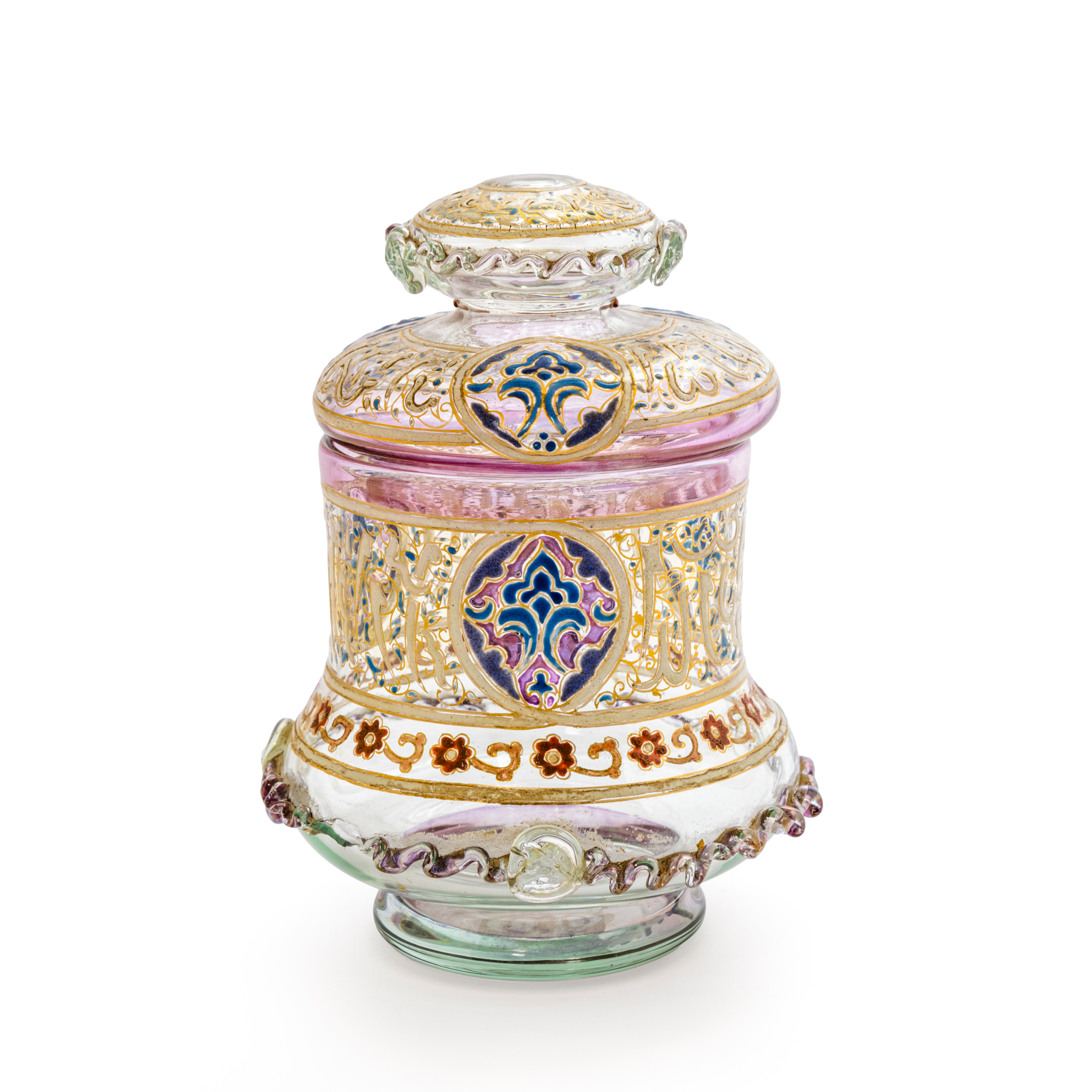 AN ISLAMIC-STYLE ENAMELLED GLASS LIDDED VASE