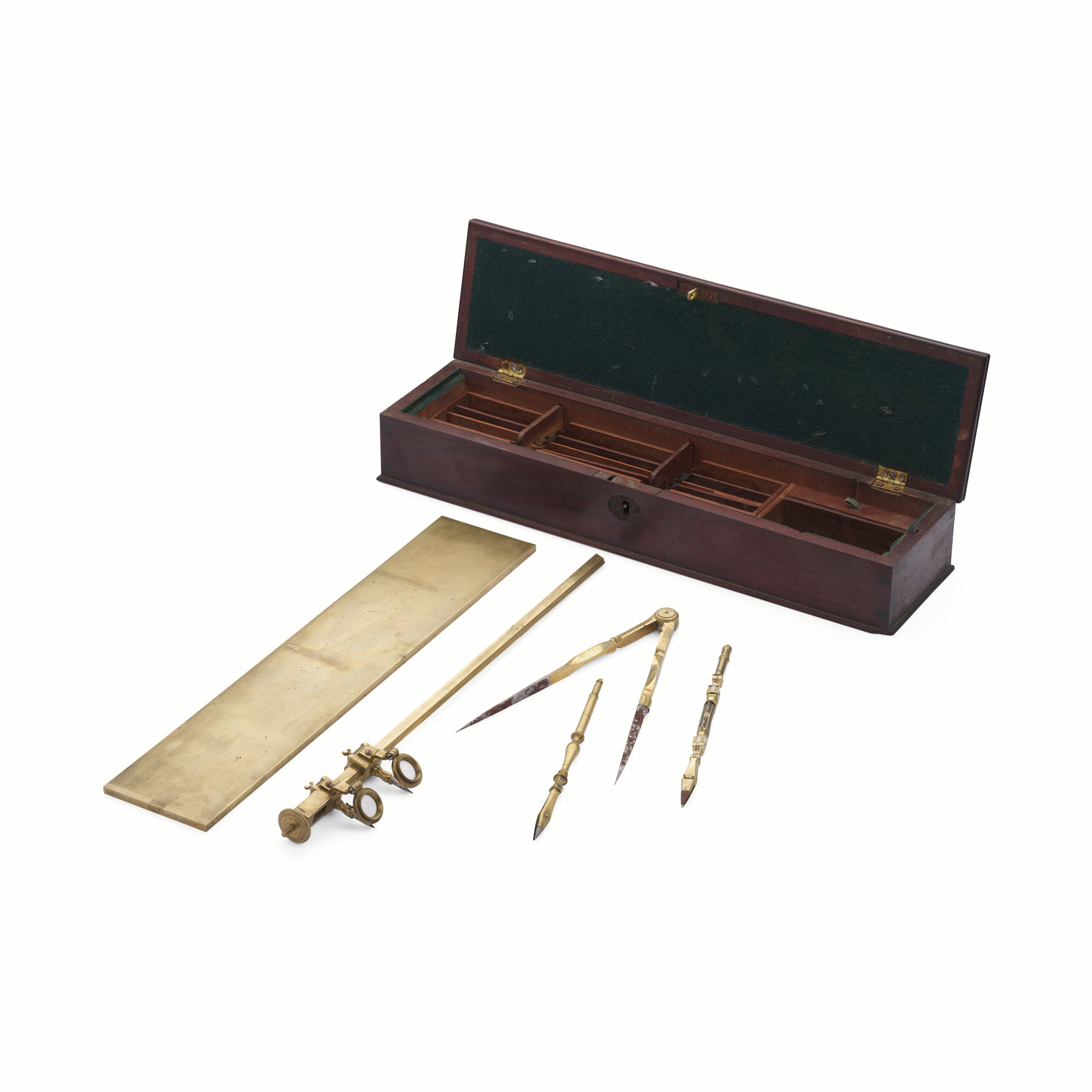 George II cased set of brass drawing instruments, Thomas Heath, London