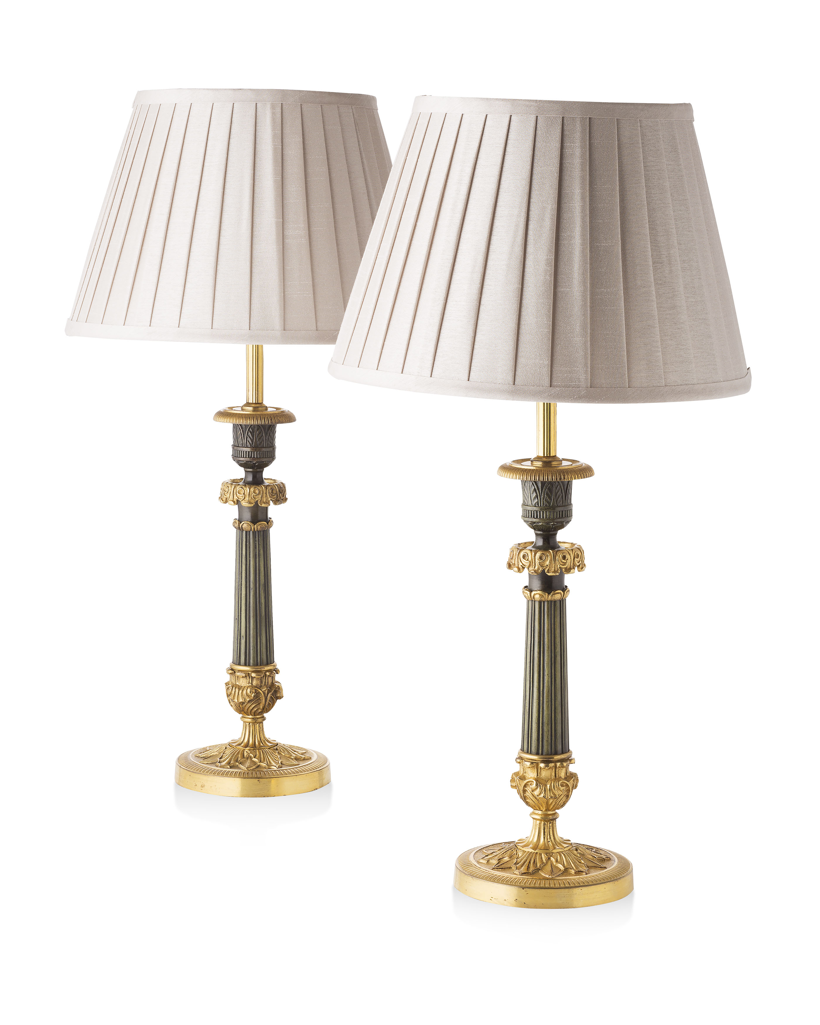 PAIR OF RESTAURATION PATINATED AND GILT BRONZE LAMPS