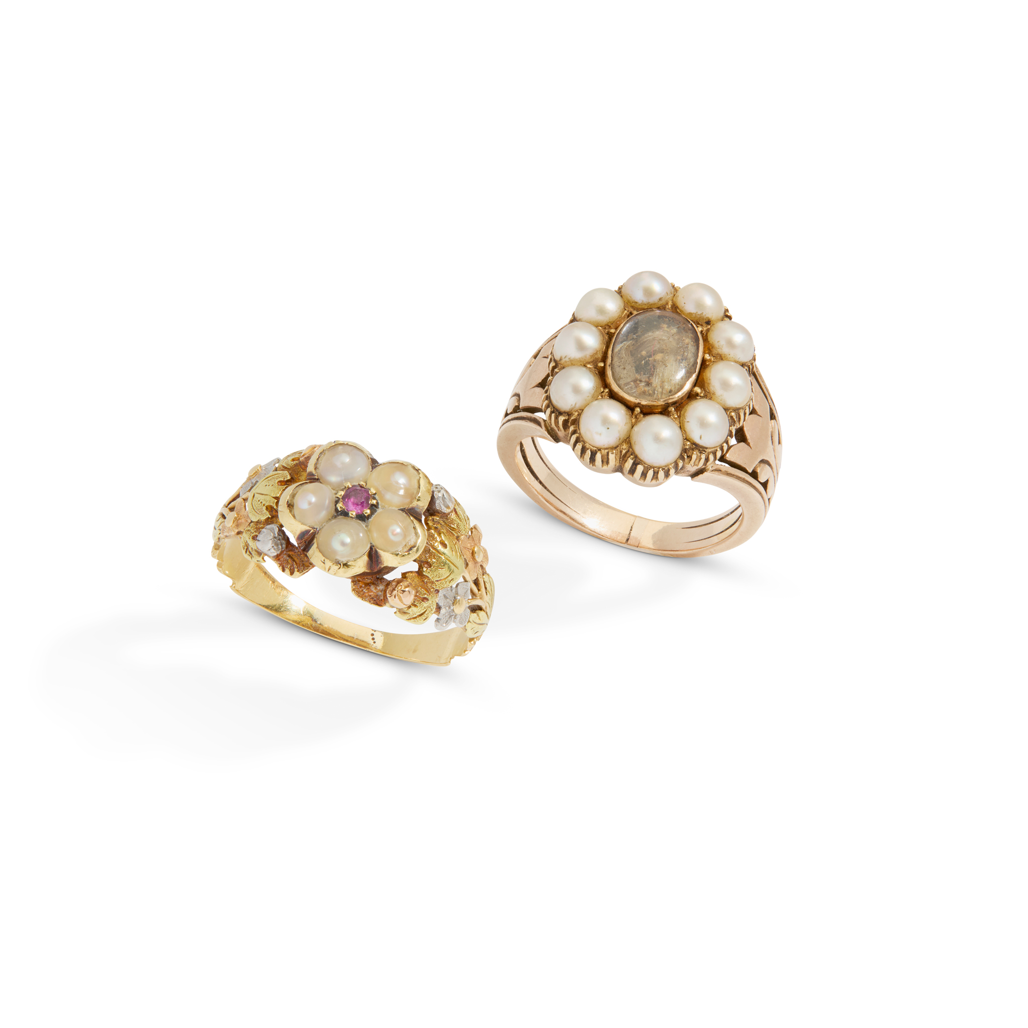 Two late 19th century pearl and gem rings