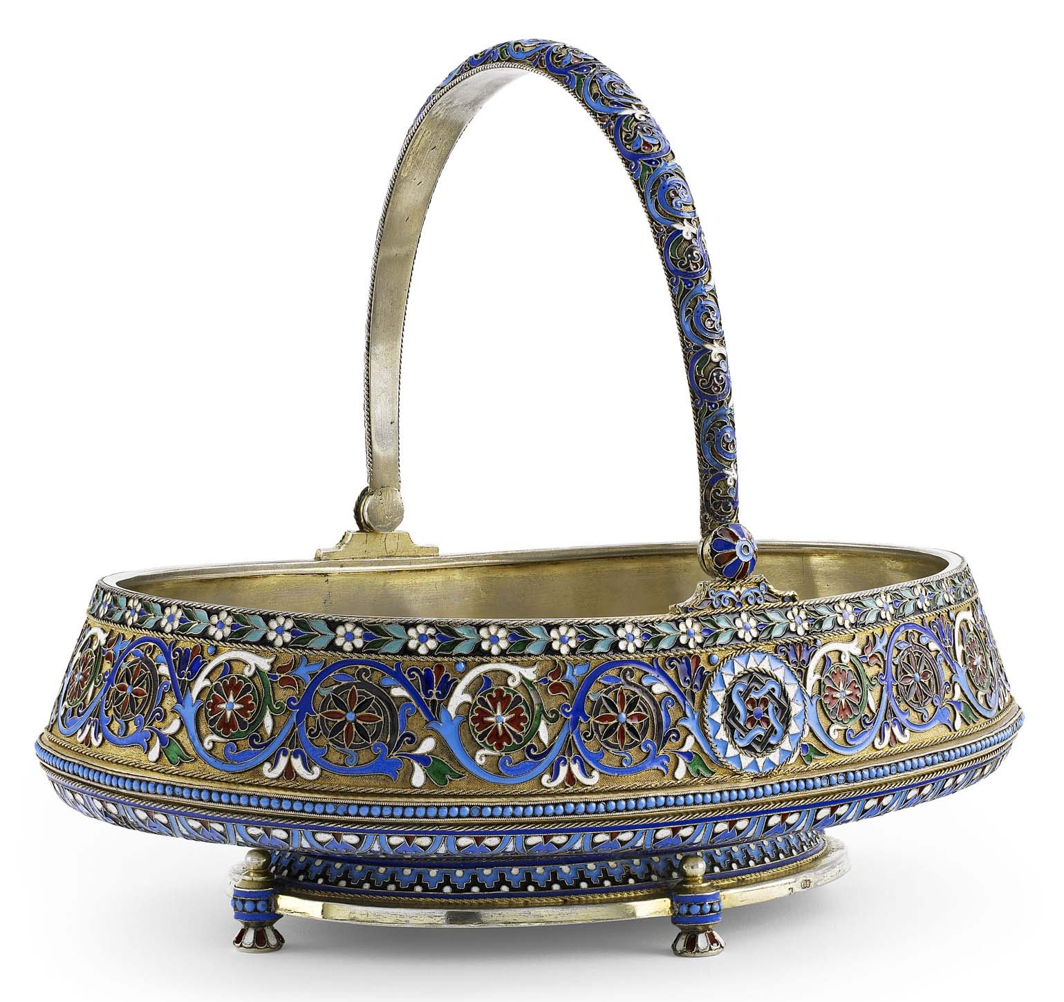 A Russian silver-gilt and cloisonné enamel swing-handle cake basket