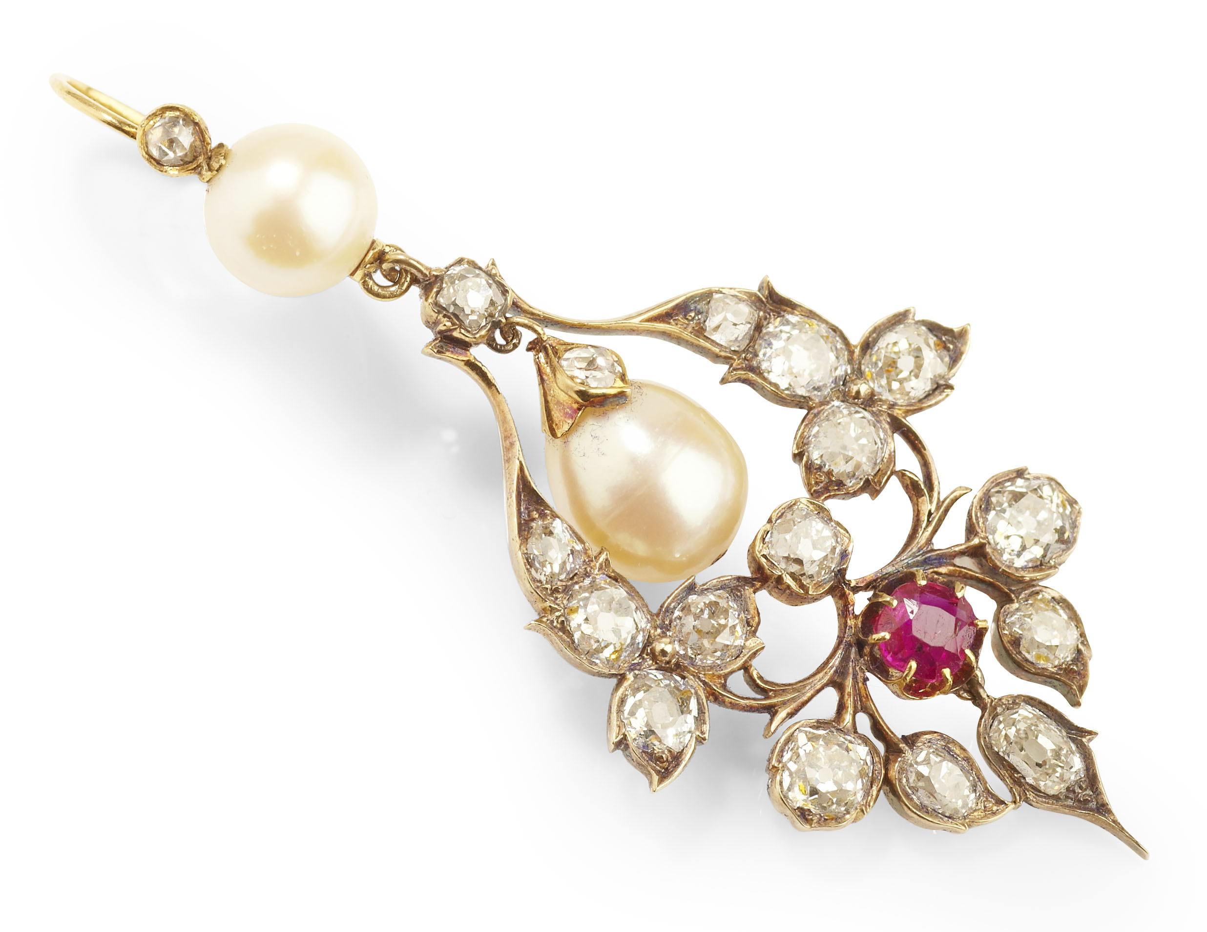 An Edwardian diamond, ruby and pearl pendant