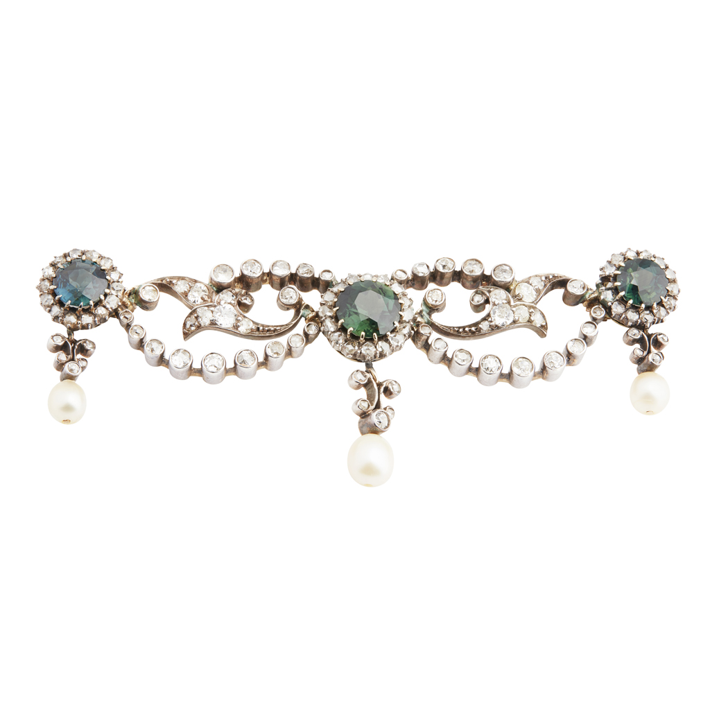 A late 19th century sapphire and diamond set swag brooch