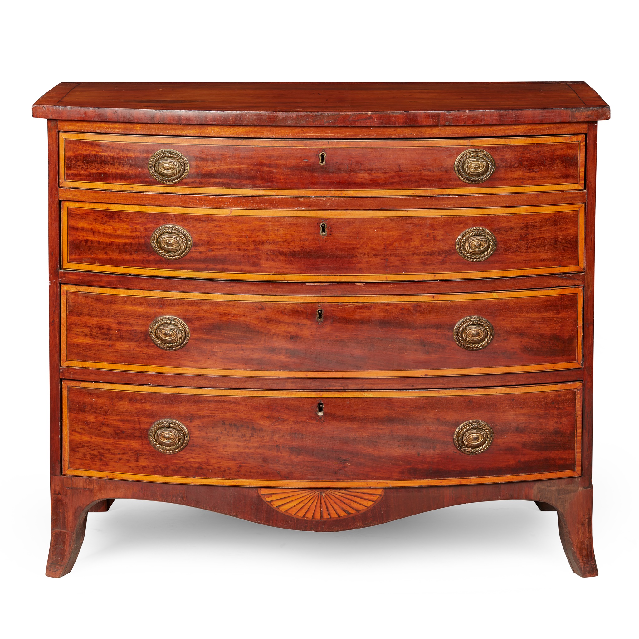 LATE GEORGE III MAHOGANY AND SATINWOOD BOWFRONT CHEST OF DRAWERS