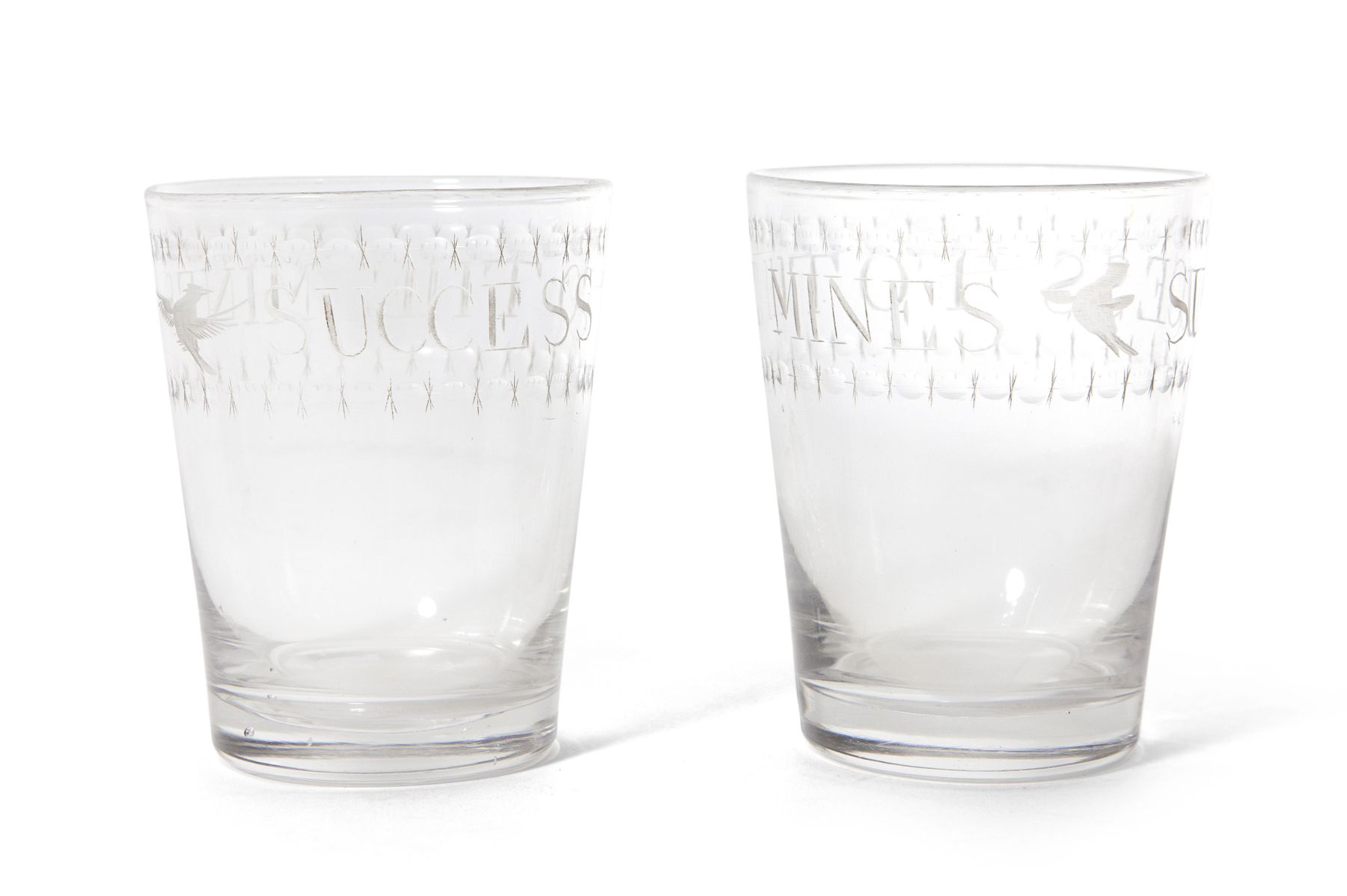 PAIR OF 'SUCCESS TO THE MINES' ENGRAVED GLASS BEAKERS
