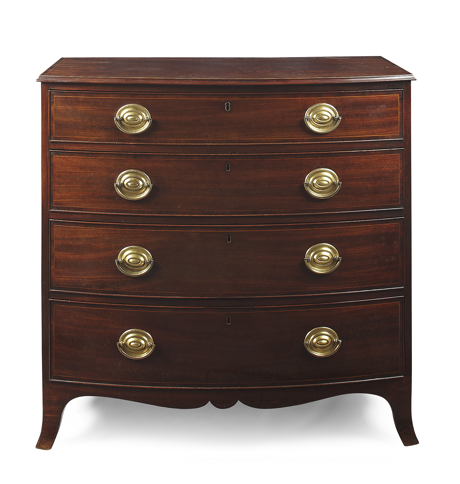 GEORGE III MAHOGANY, CROSSBANDED AND INLAID BOWFRONT CHEST OF DRAWERS