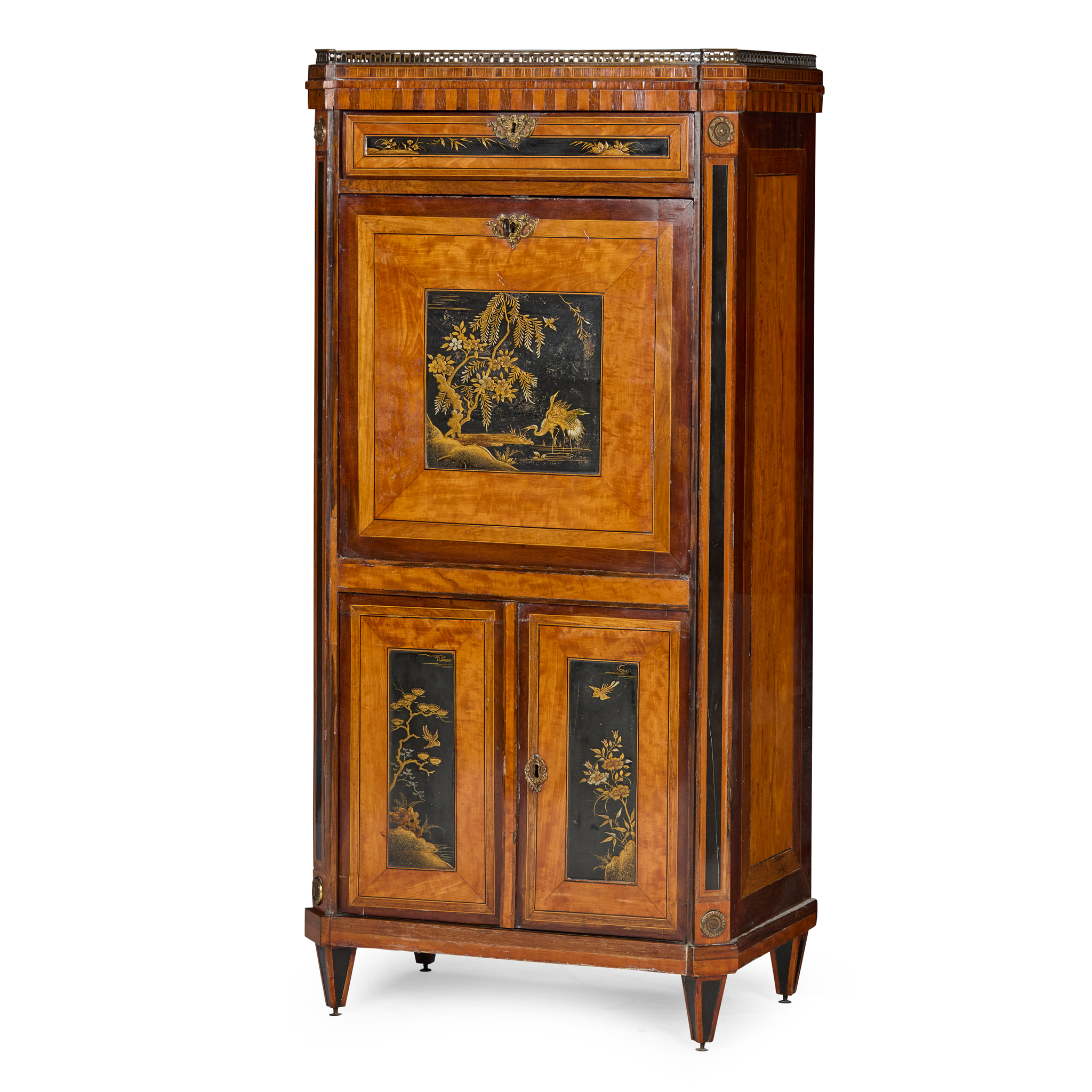 DUTCH SATINWOOD, MAHOGANY, EBONISED AND LACQUER SECRETAIRE À ABBATANT
