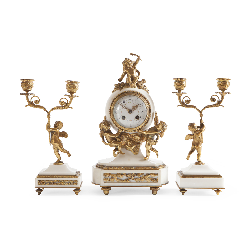 FRENCH MARBLE AND GILT METAL CLOCK GARNITURE