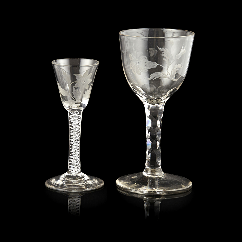 TWO GEORGIAN ENGRAVED WINE GLASSES