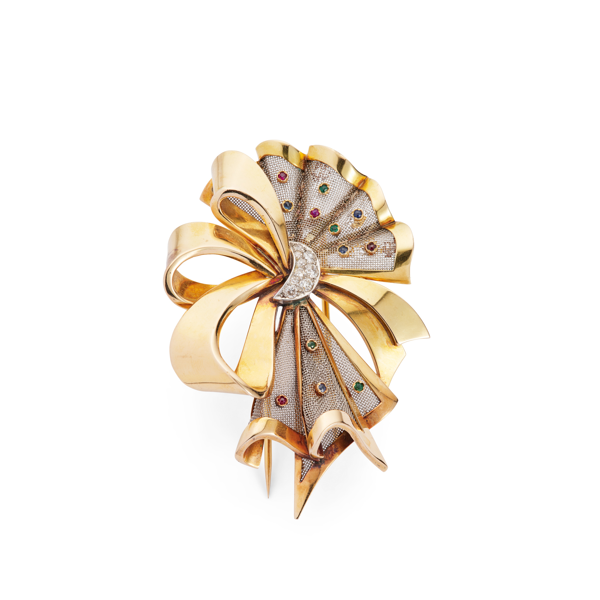 A multi-gem and diamond bow brooch, circa 1950