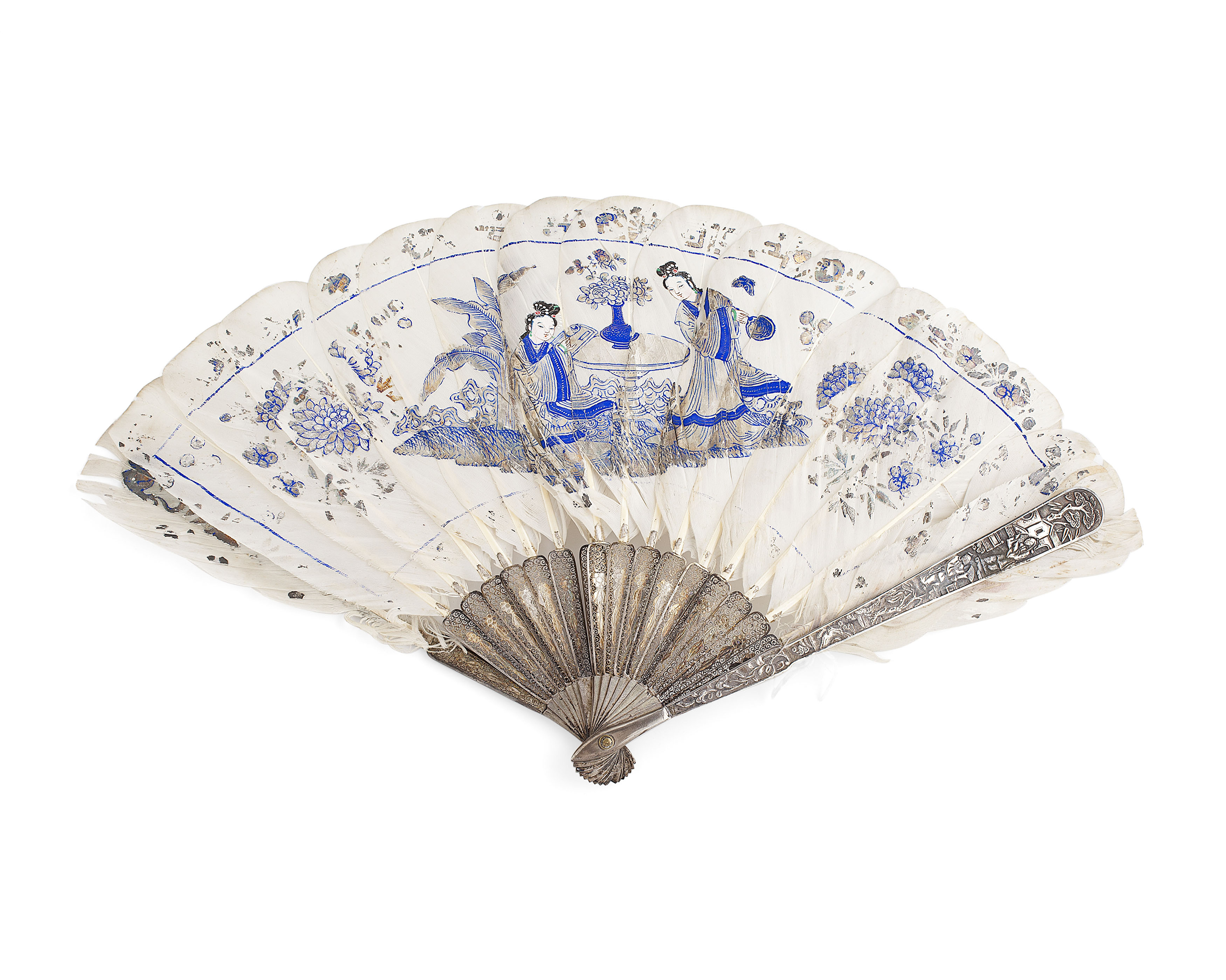 CHINESE SILVER FILIGREE AND PAINTED FEATHER FAN
