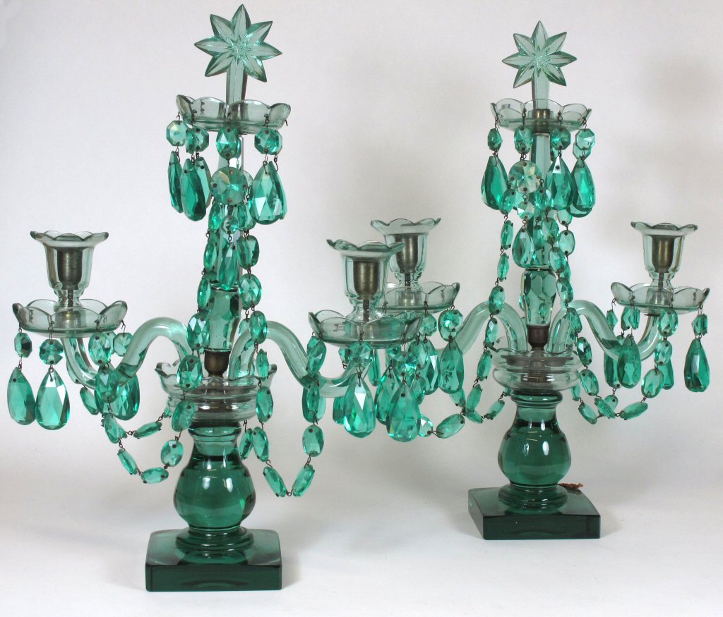 PAIR OF GREEN CUT GLASS THREE BRANCH CANDELABRA