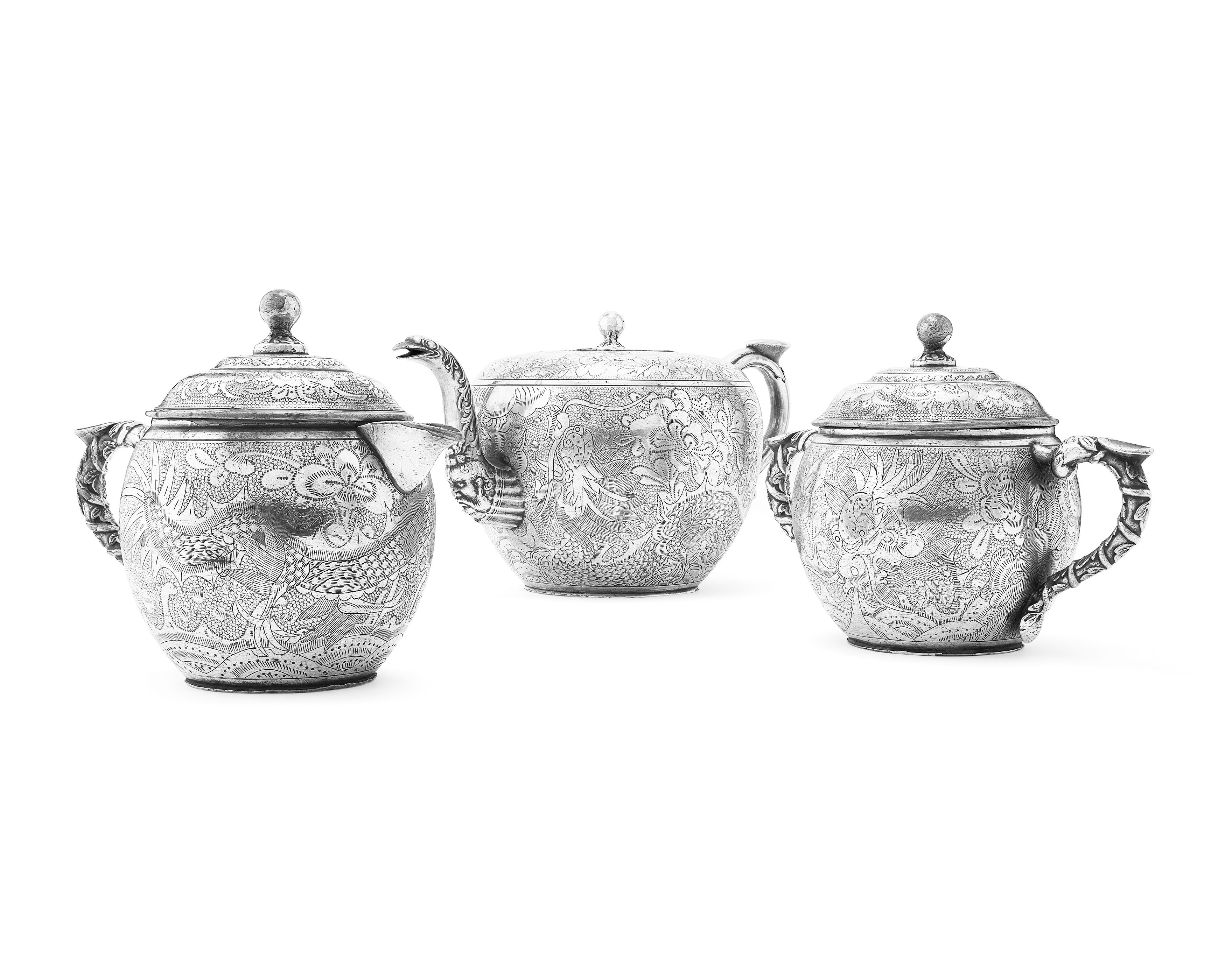 CHINESE THREE PIECE PLATED PEWTER TEA SET