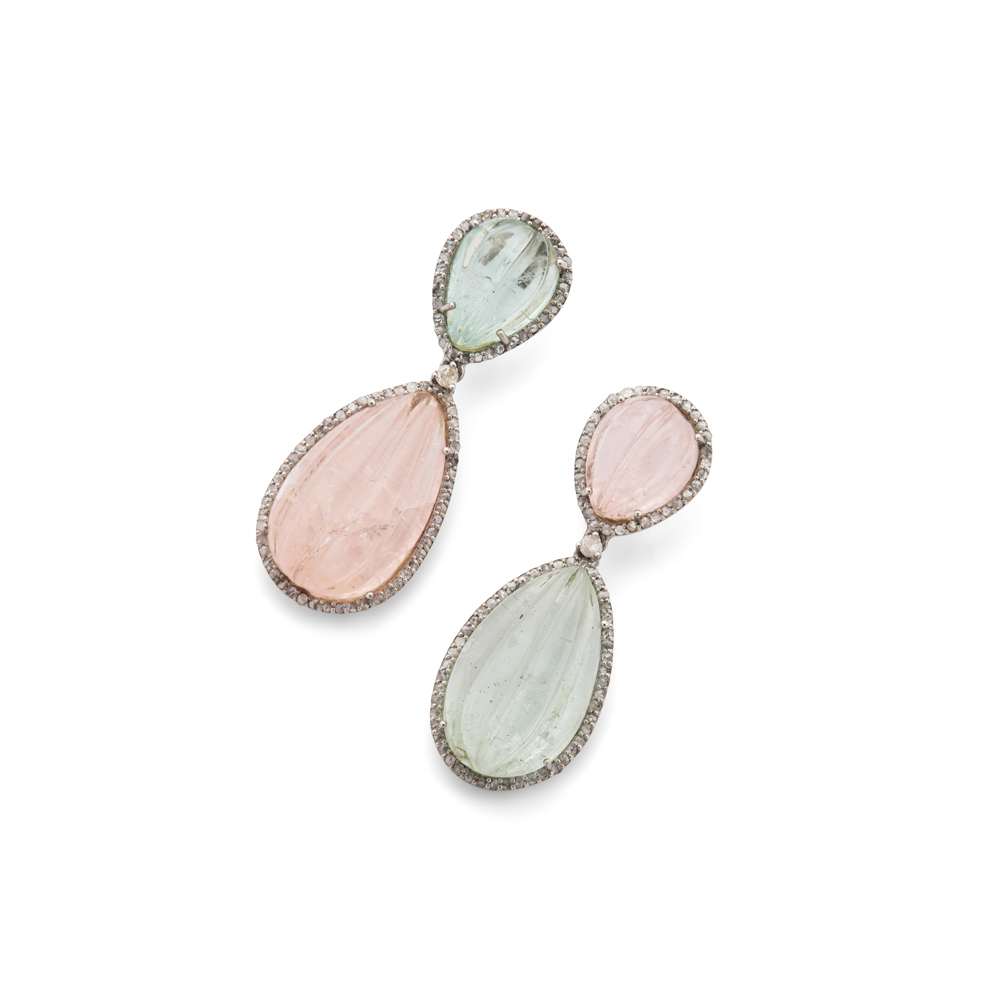 A pair of carved morganite and aquamarine pendent earrings