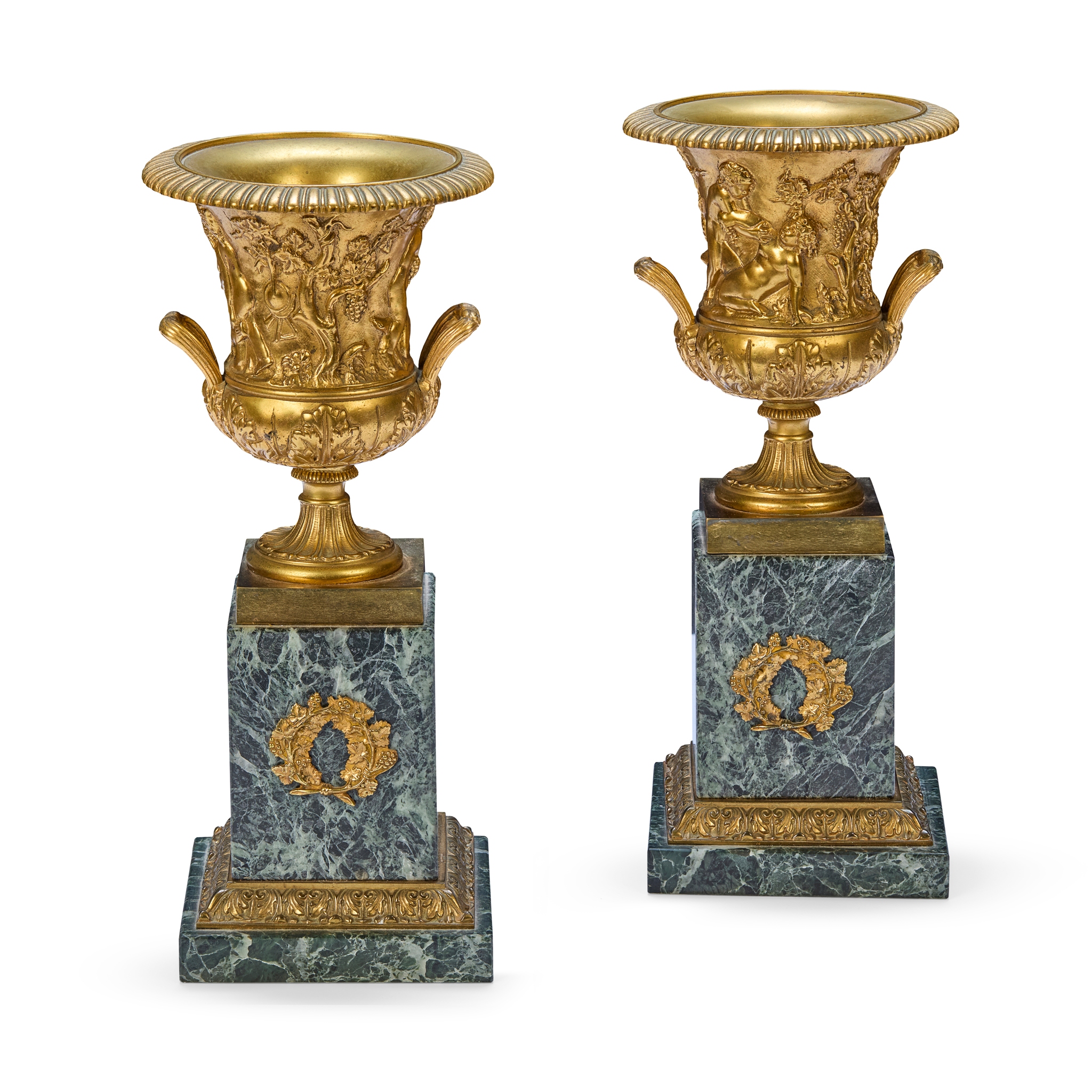 A PAIR OF FRENCH GILT BRONZE AND VERDE ANTICO MARBLE URNS