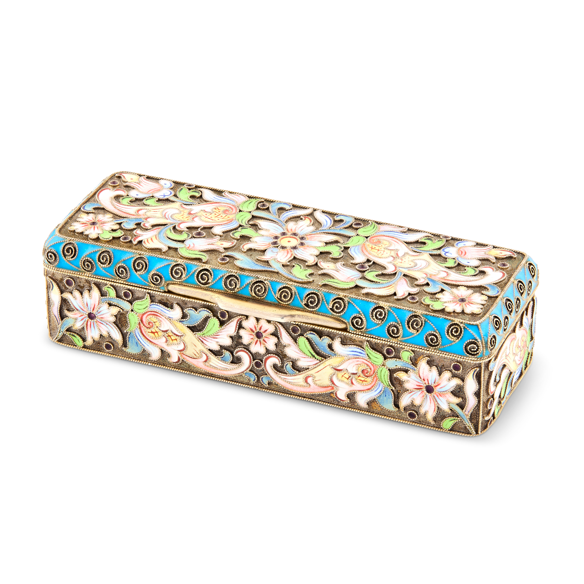 A LATE 19TH CENTURY RUSSIAN SILVER-GILT AND CLOISONNÉ ENAMEL SNUFF BOX