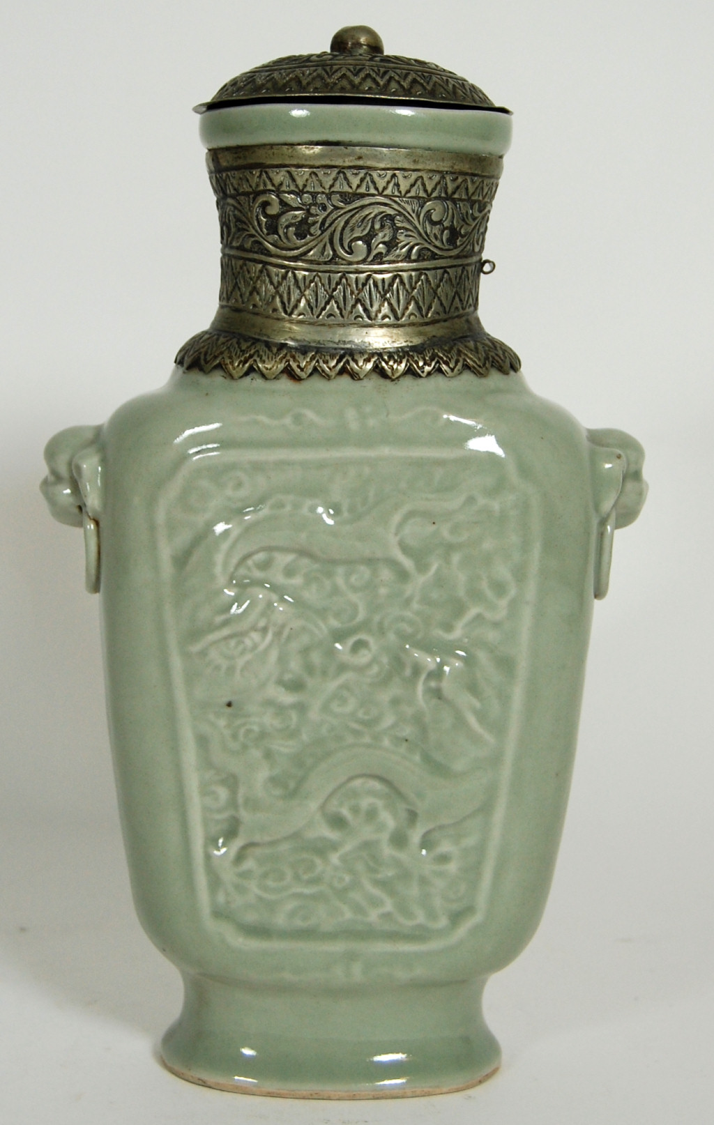 CHINESE CELADON VASE WITH WHITE METAL MOUNTS