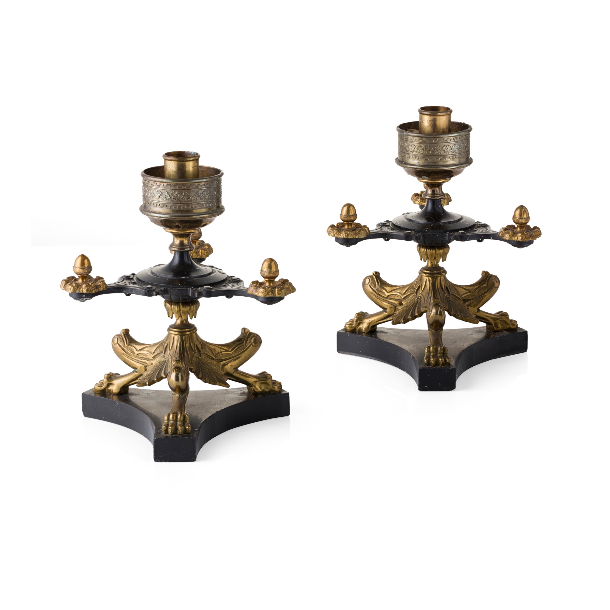 PAIR OF REGENCY STYLE GILT AND PATINATED BRONZE CANDLESTICKS