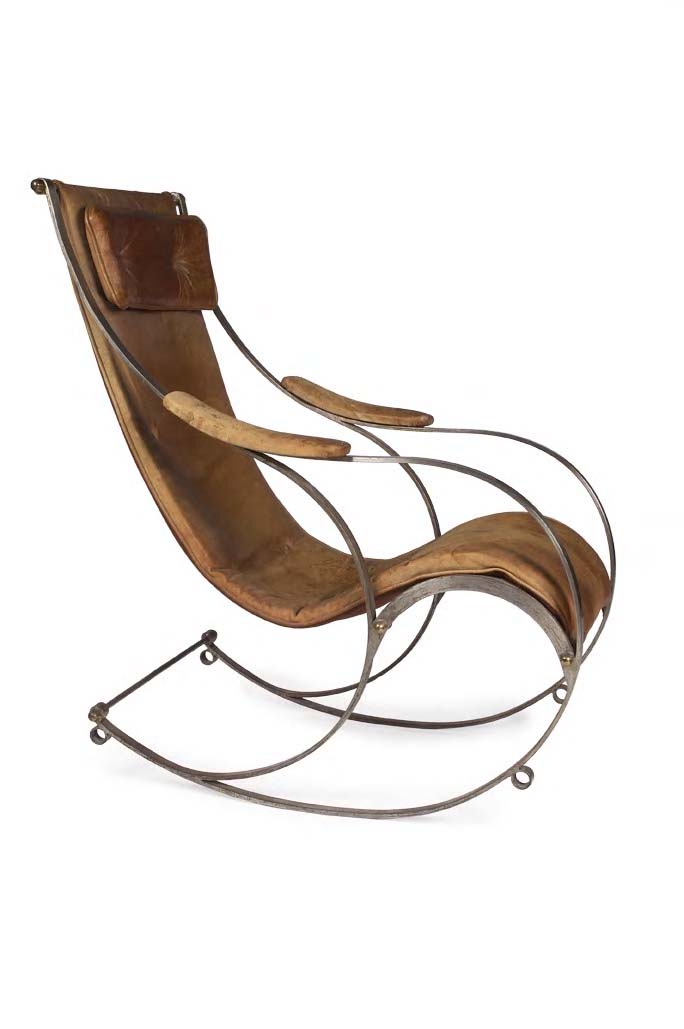 A steel and slatted wood rocking chair,