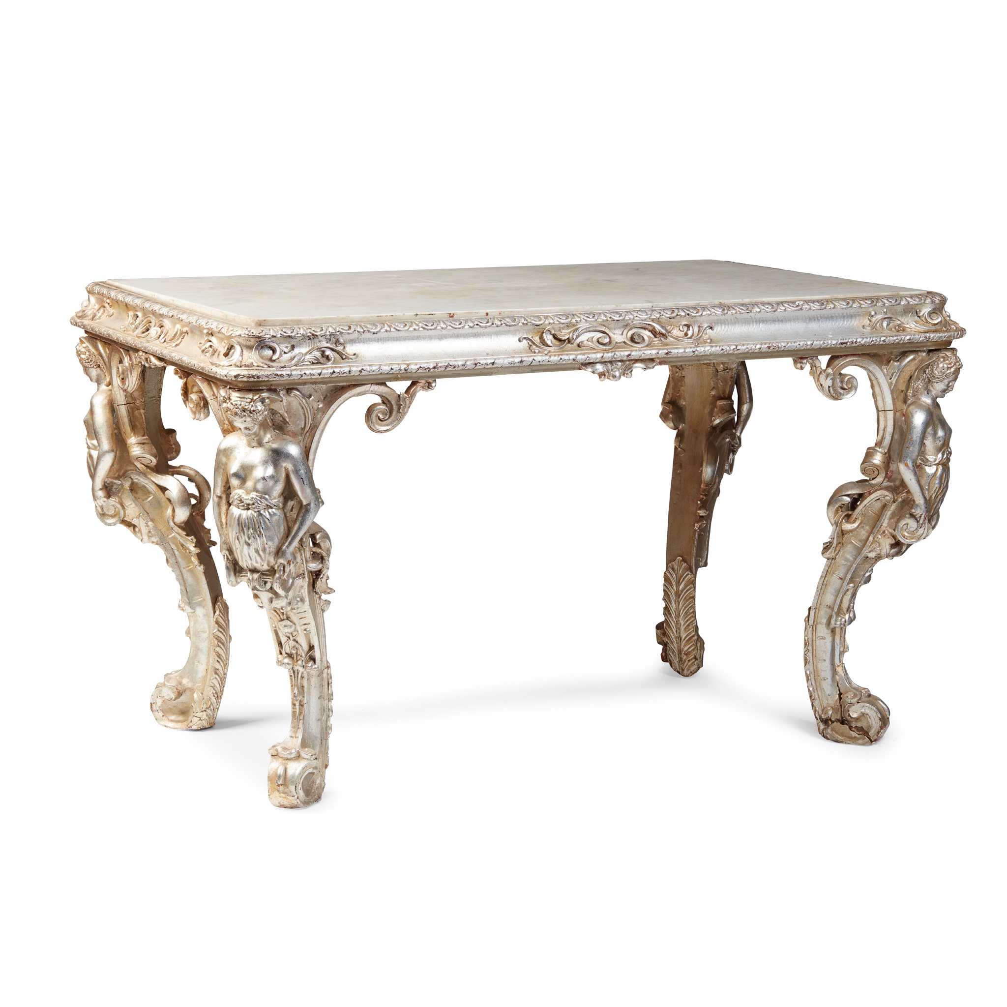 CONTINENTAL SILVERED PINE AND GESSO MARBLE TOPPED CENTRE TABLE