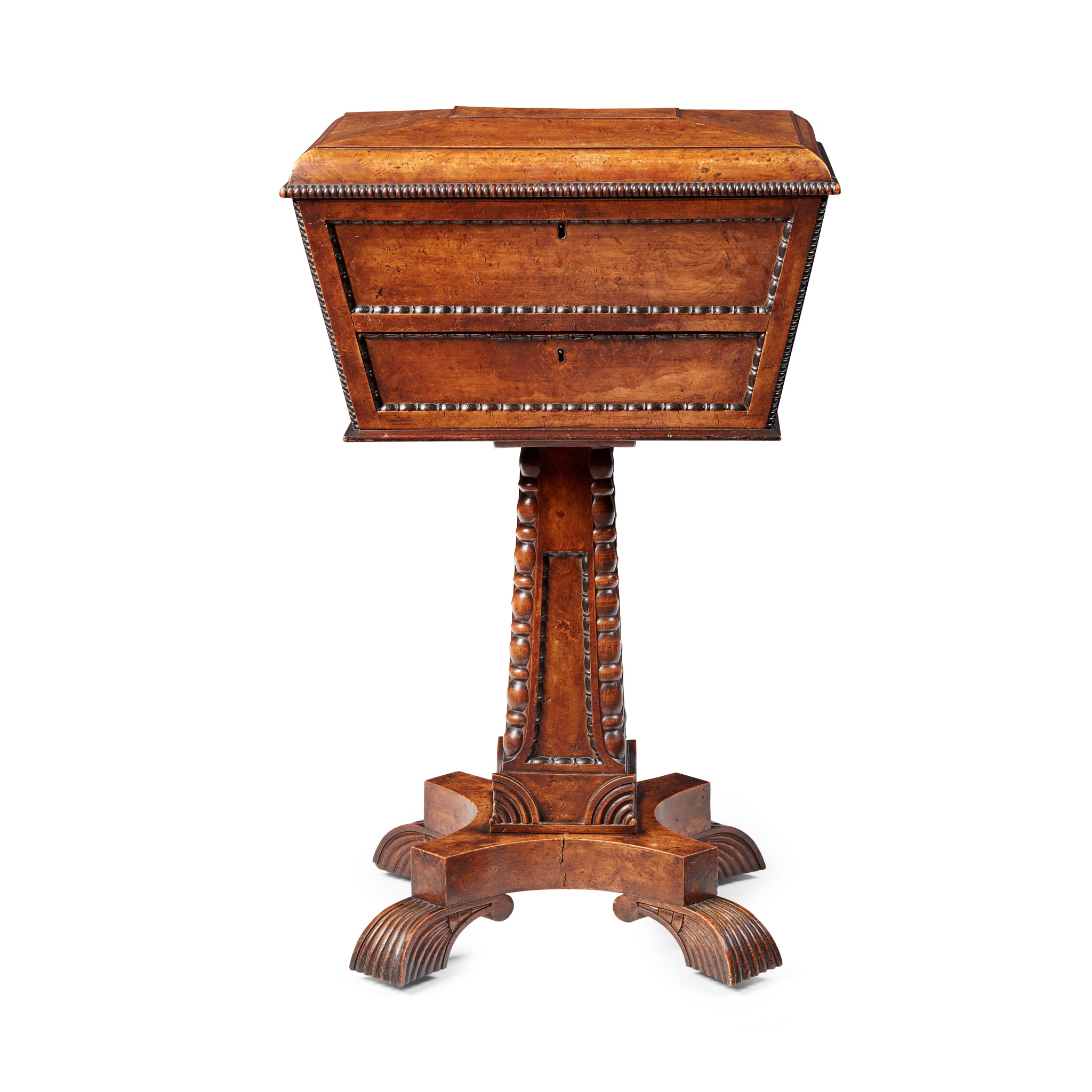 WILLIAM IV BURR WALNUT, MAHOGANY, AND EBONISED TEAPOY
