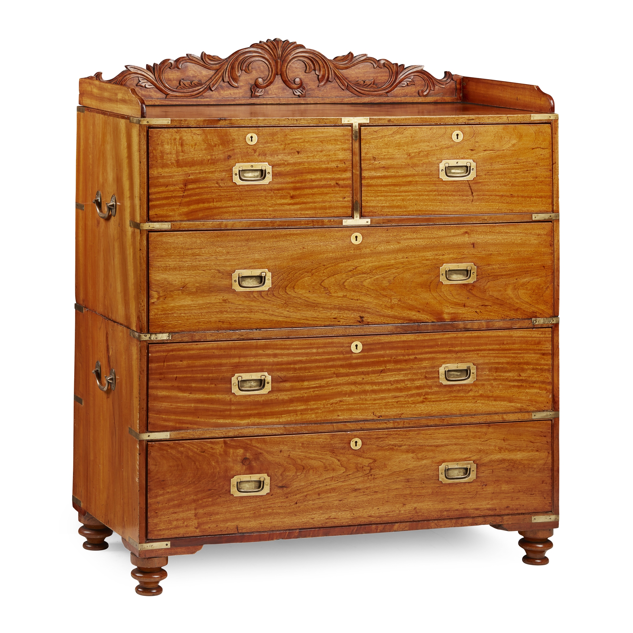 VICTORIAN CAMPHORWOOD BRASS BOUND CAMPAIGN CHEST OF DRAWERS