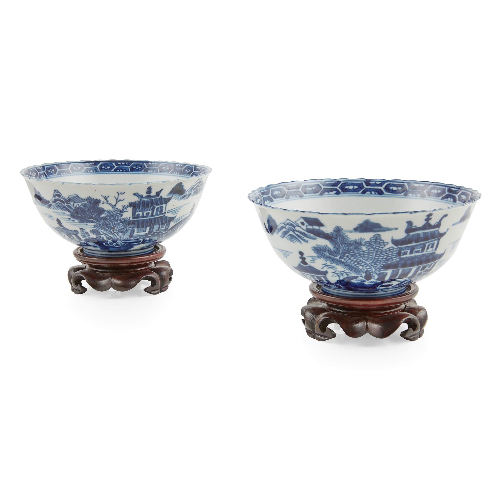 TWO BLUE AND WHITE 'PAVILLION AND LANDSCAPE' BOWLS