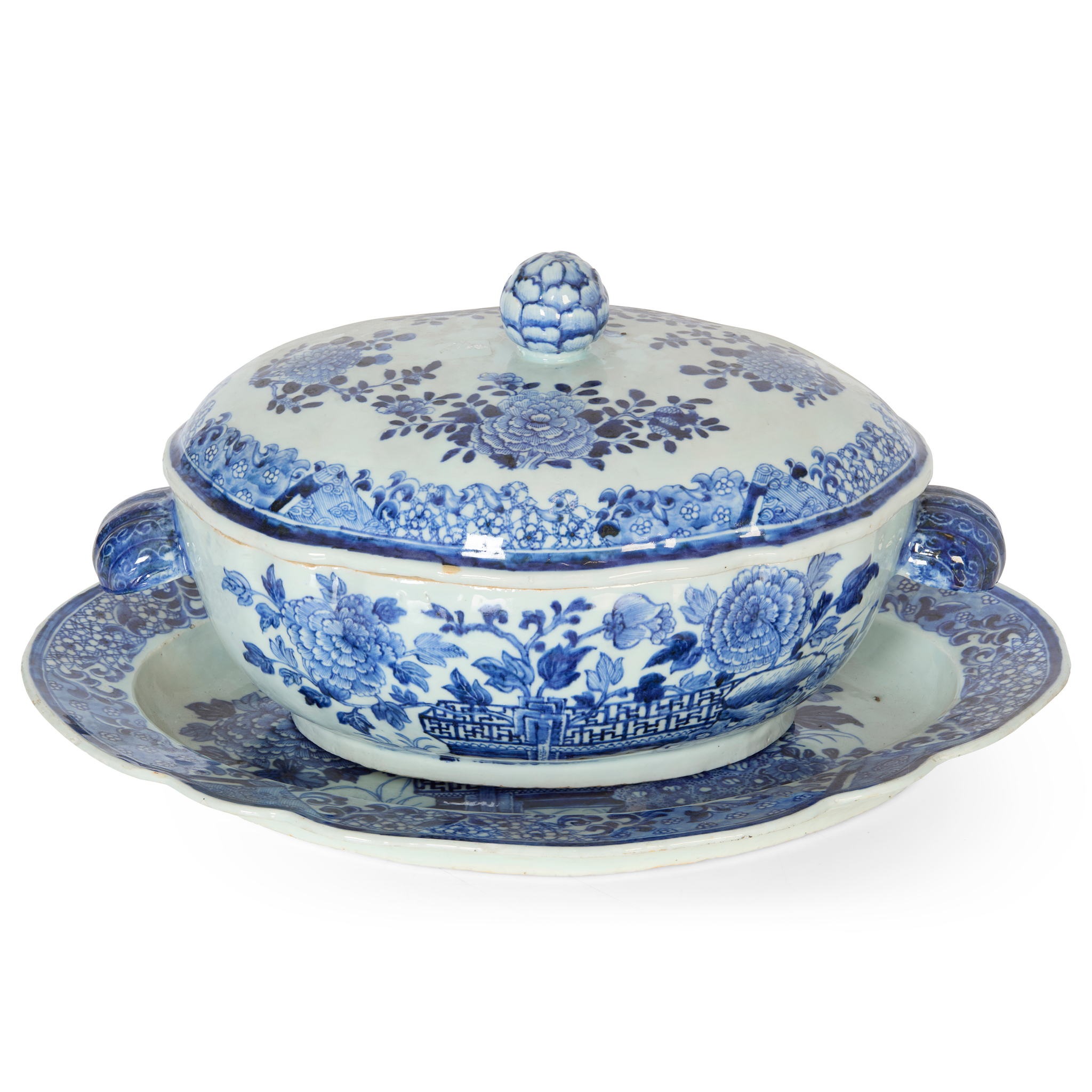CHINESE BLUE AND WHITE TUREEN WITH COVER AND STAND