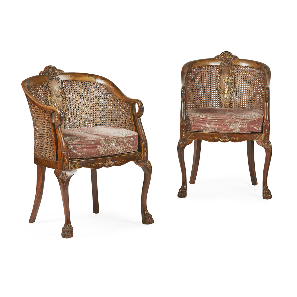 PAIR OF EDWARDIAN CHINOISERIE BERGERES