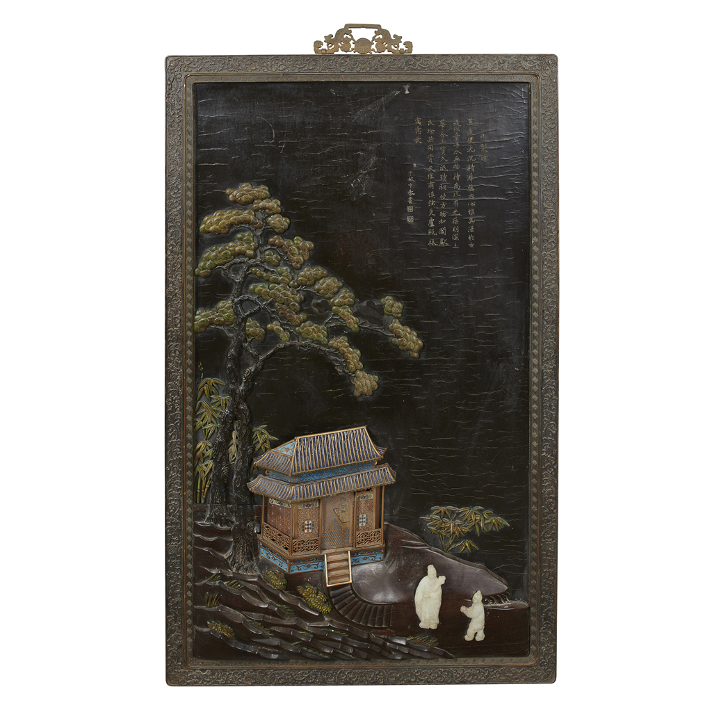 EXCEPTIONALLY LARGE HARDSTONE AND CLOISONNÉ ENAMEL HANGING PANEL