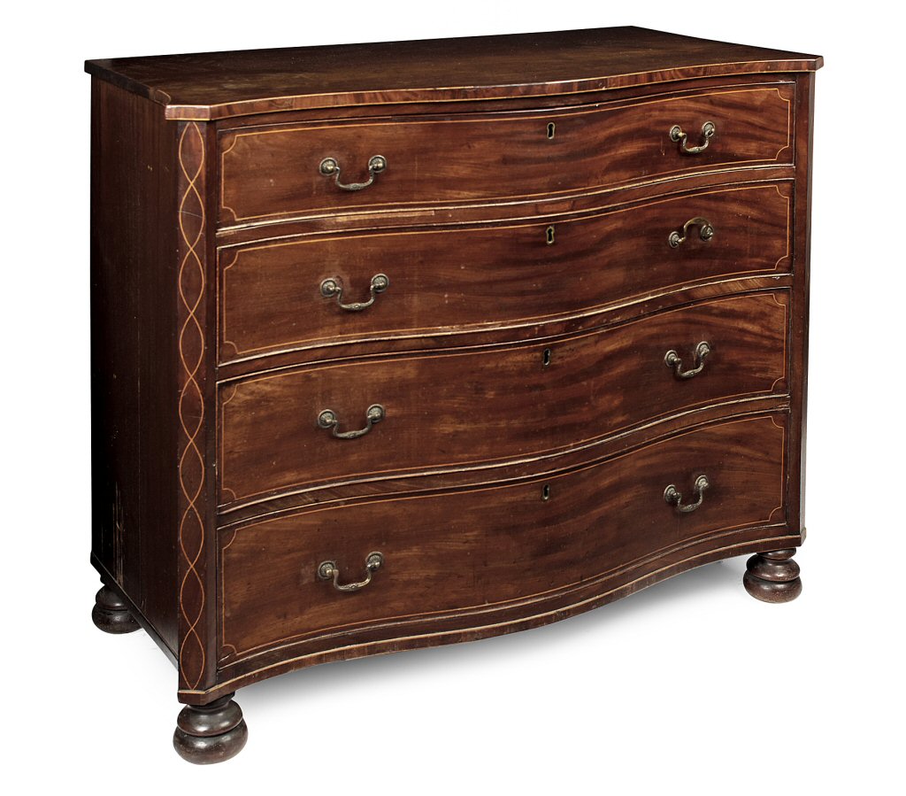 GEORGE III MAHOGANY INLAID SERPENTINE CHEST OF DRAWERS