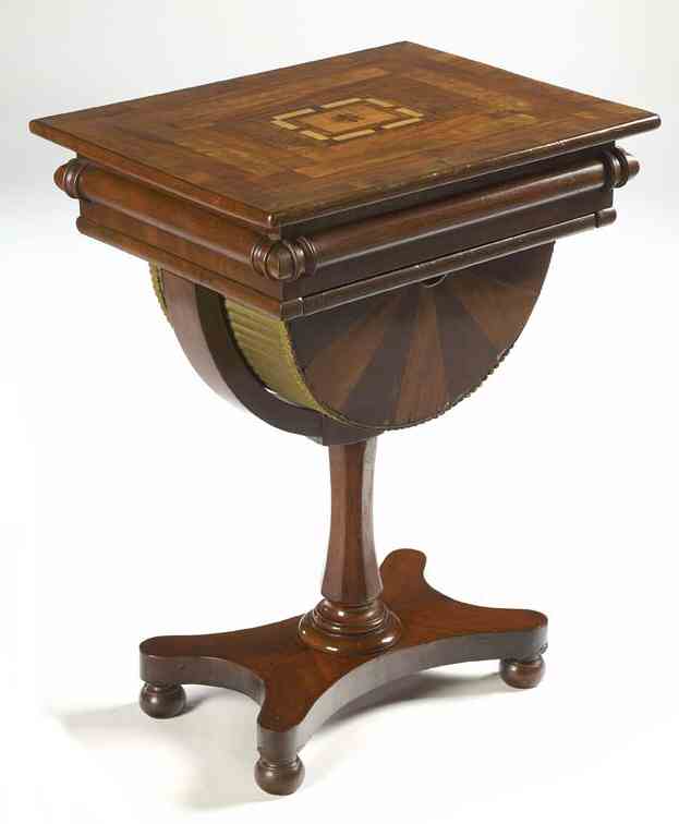 A William IV period mahogany, satinwood and fruitwood parquetry work table